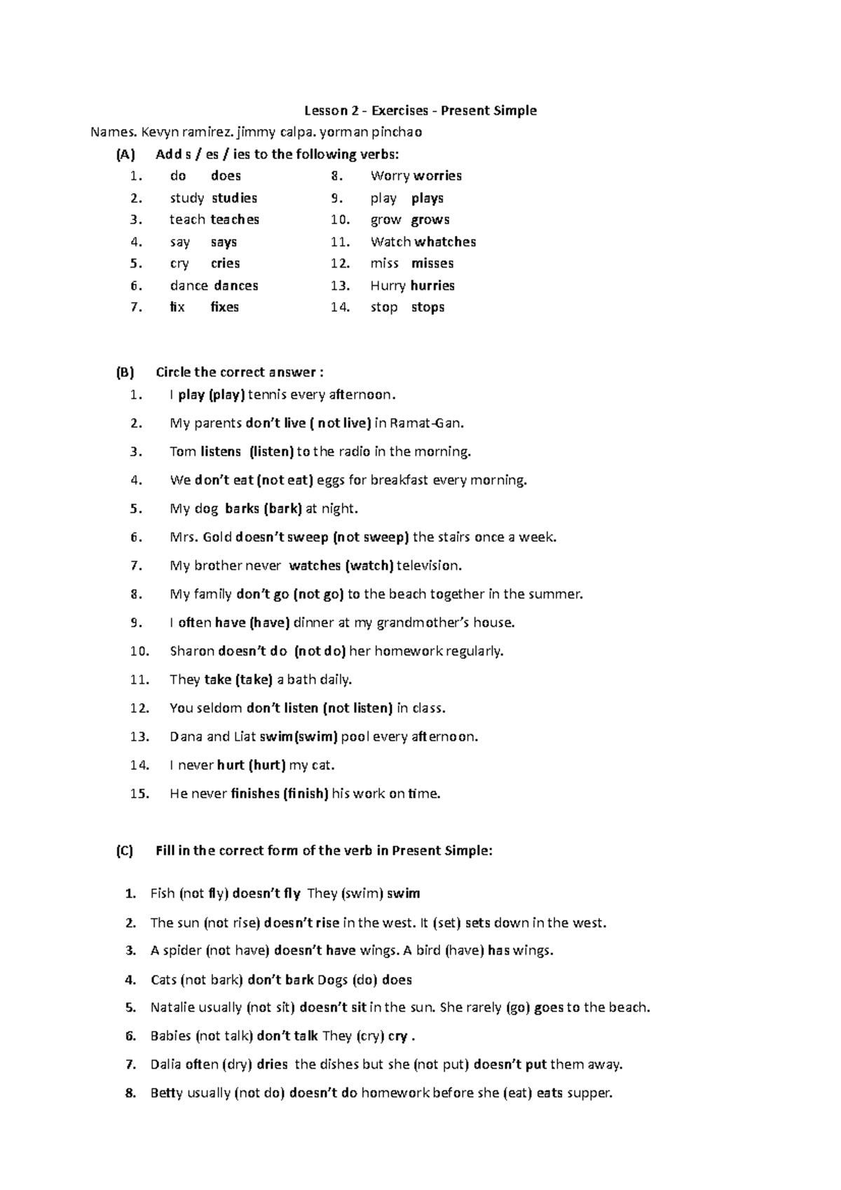 Simple Present Tense Review Worksheet 2 Gupo 1 - Lesson 2 - Exercises 