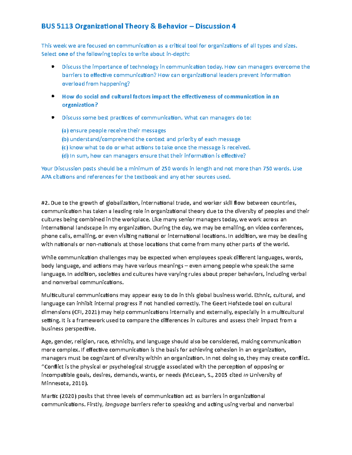 BUS 5113 - Discussion 4 - Mandatory assignment - BUS 5113 ...