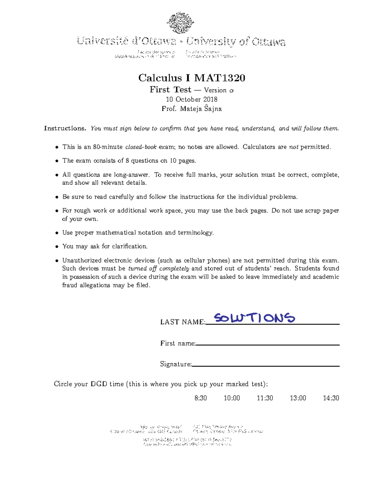 TEST 1a 10 October 2018, questions and answers - Calculus I MAT1320 ...