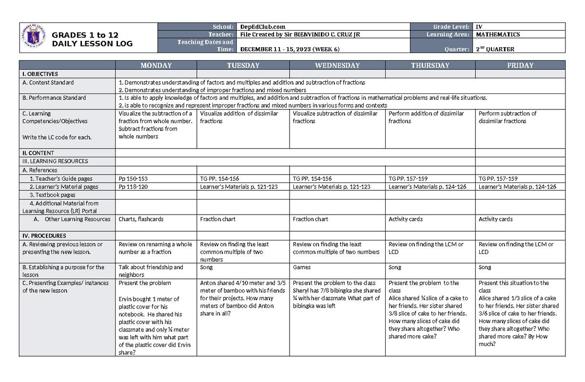 DLL Mathematics 4 Q2 W6 - Nona - GRADES 1 to 12 DAILY LESSON LOG School ...