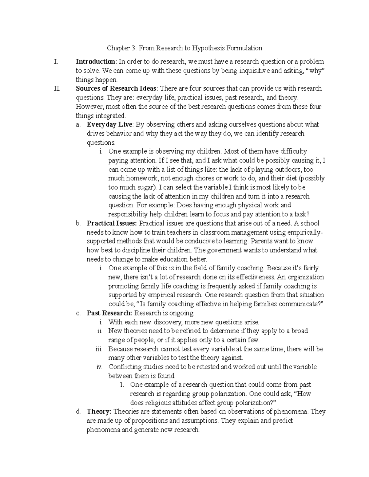 Chapter 3 outline - Chapter 3: From Research to Hypothesis Formulation ...