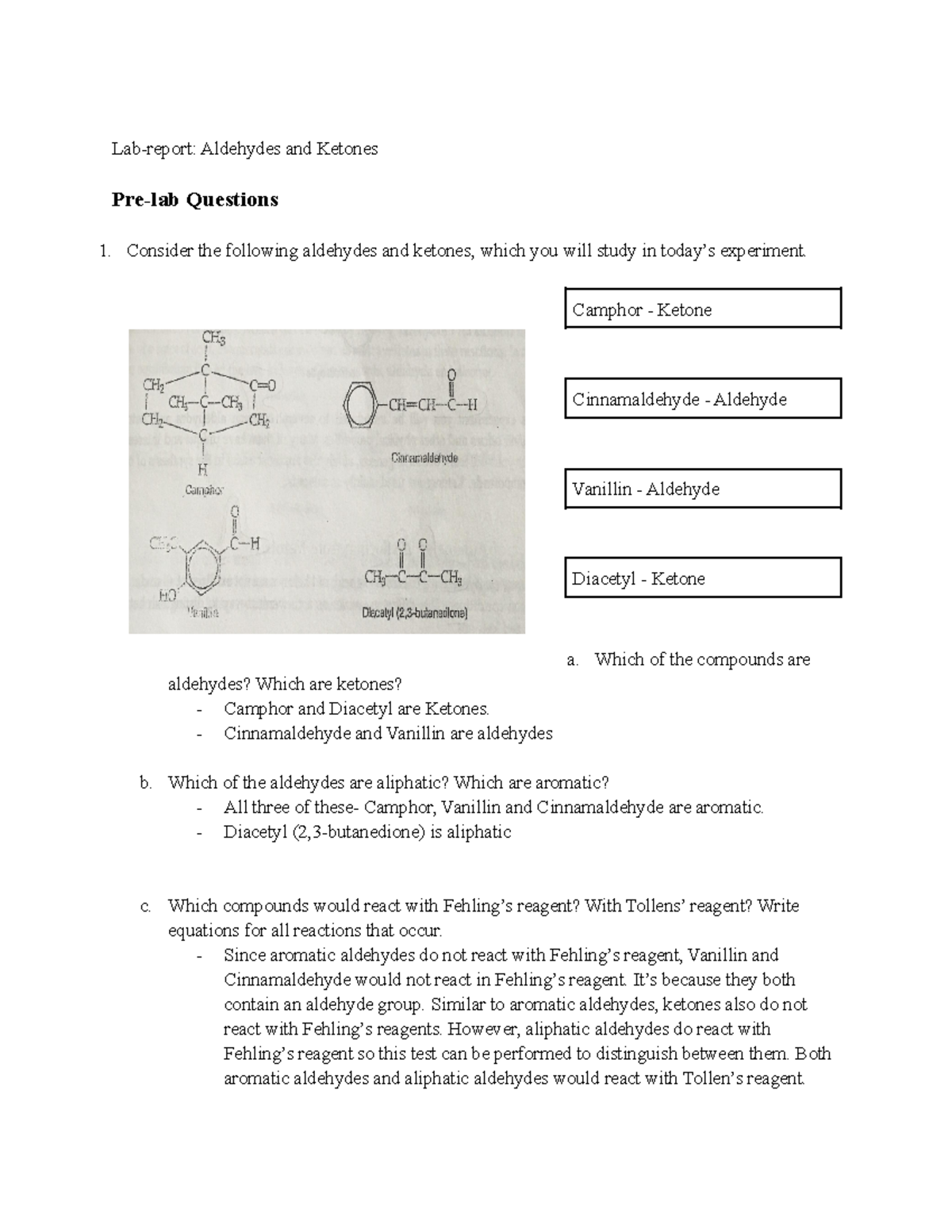 Chemisrty 230 Labreport Aldehydes and Keotnes Labreport Aldehydes