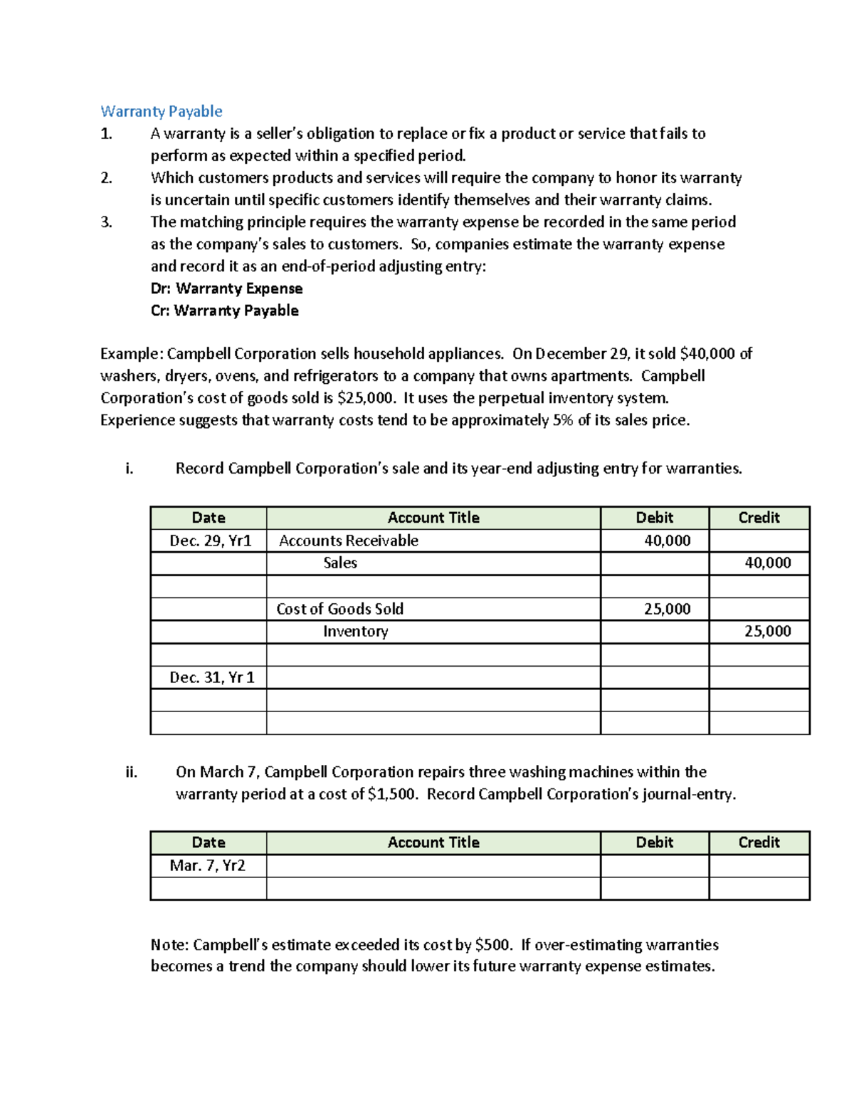 Chapter 9 pg 9 Warranty Payable A warranty is a seller’s obligation