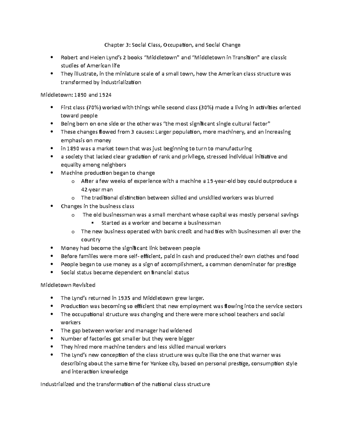 Chapter 3 - Lecture notes 3 - Chapter 3: Social Class, Occupation, and ...