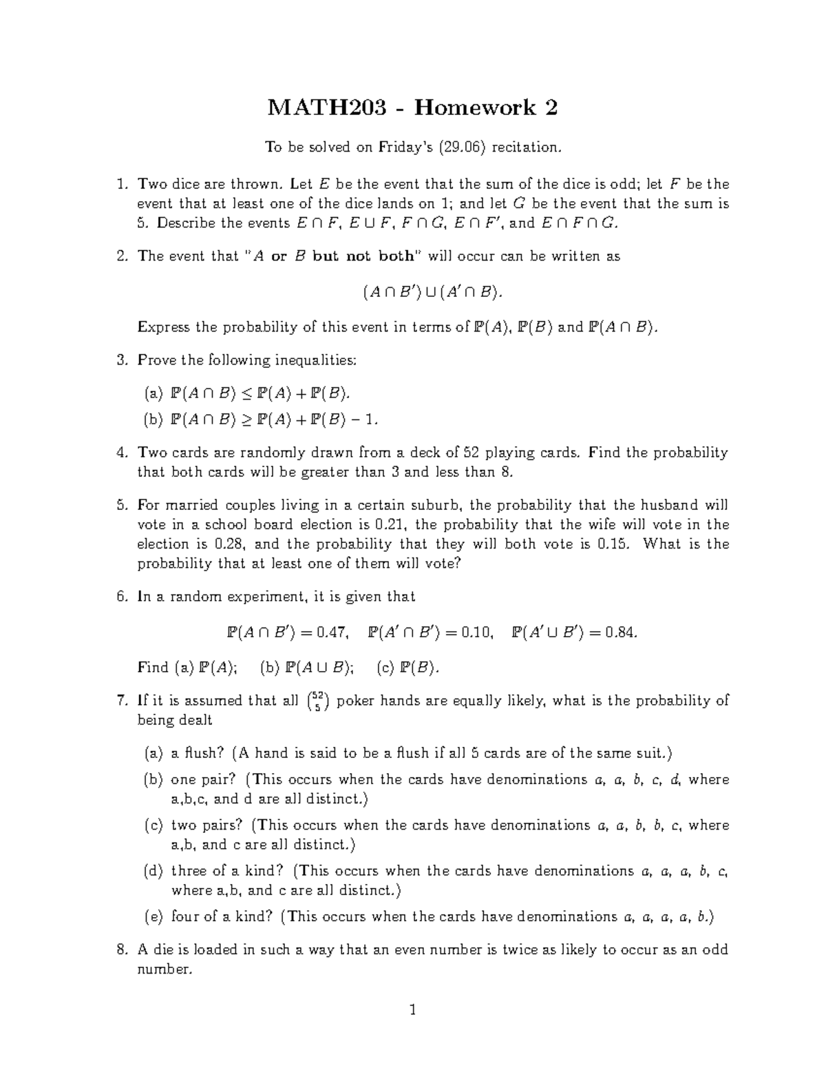 Math203hw2 - recit - MATH203 - Homework 2 To be solved on Friday’s (29 ...