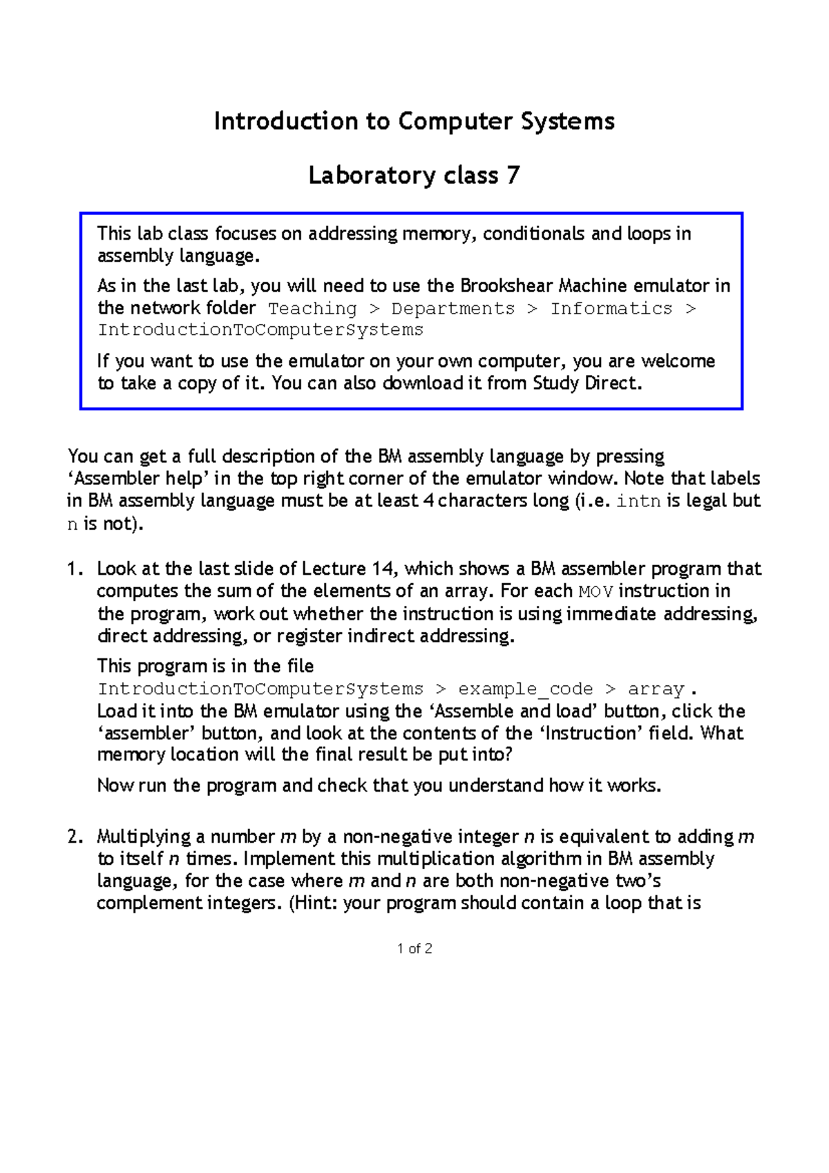 The Lab 7 2017/18 Questions - Introduction to Computer Systems ...