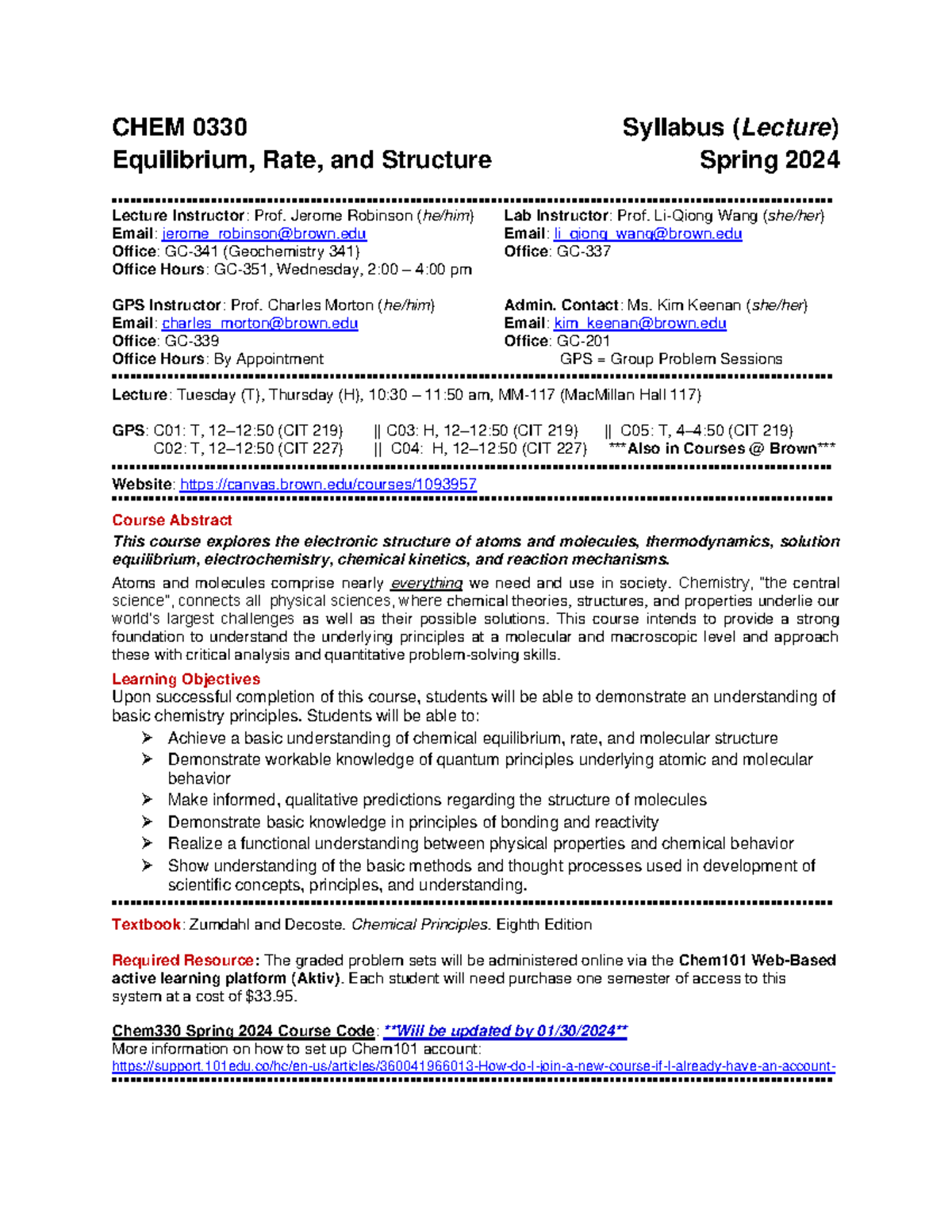 CHEM 0330 - S2024 - Syllabus - CHEM 0330 Syllabus (Lecture) Equilibrium ...