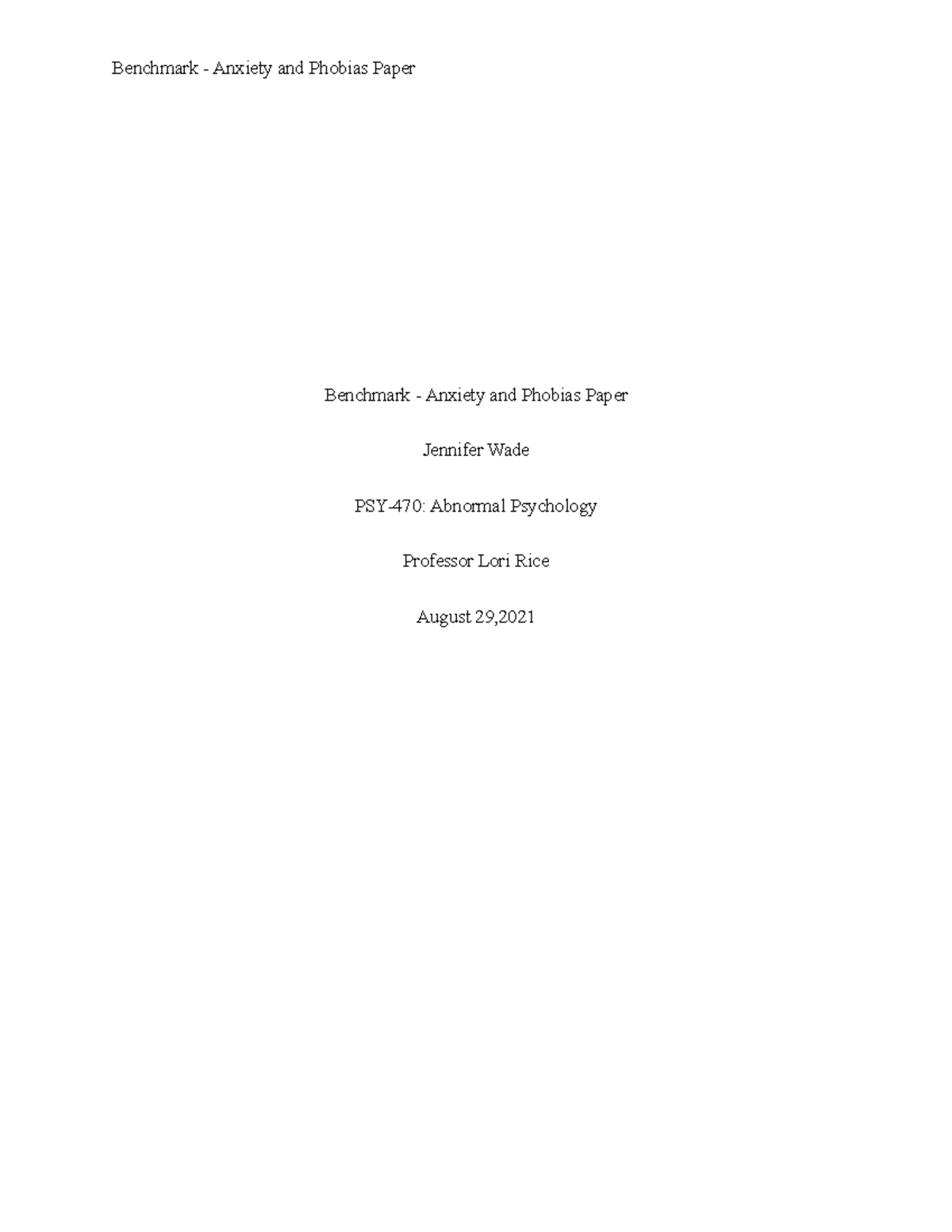 Benchmark Anxiety and Phobias Paper Benchmark Anxiety and Phobias