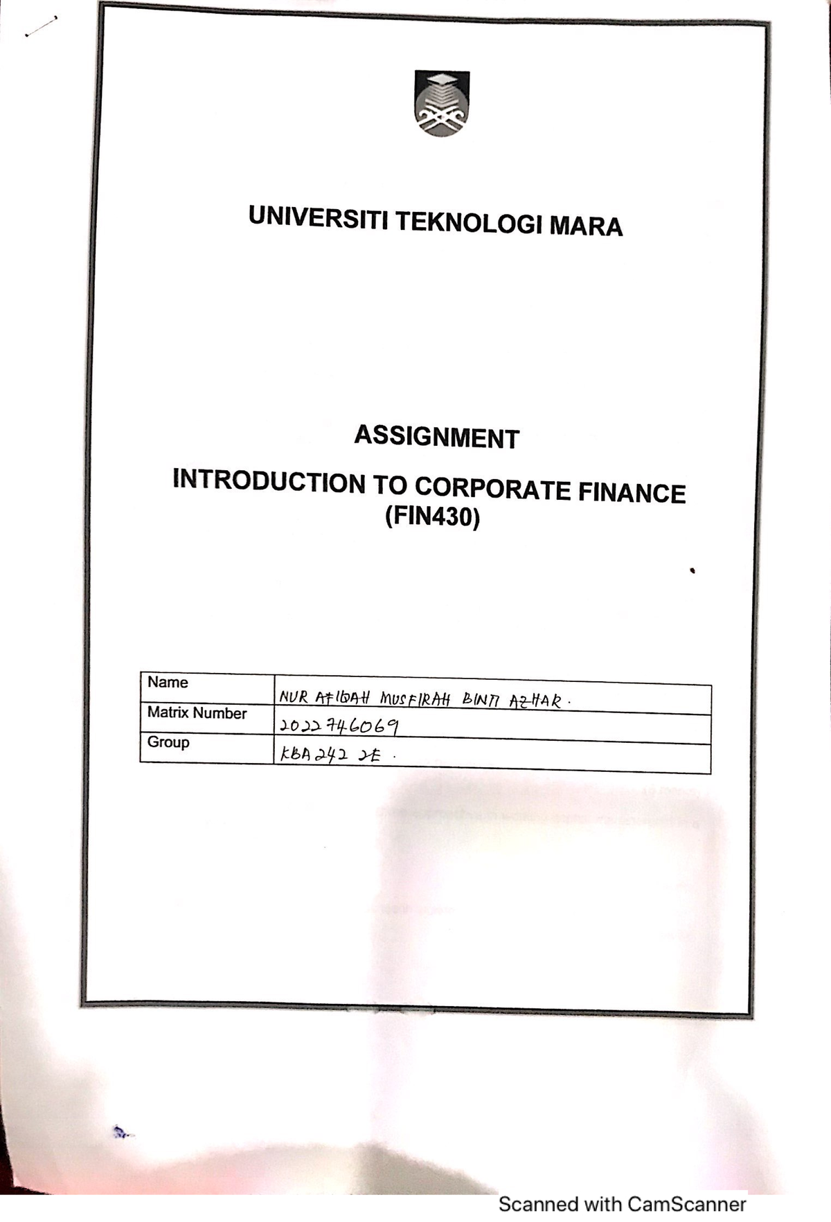 FIN430 - Individual Assignment - Introduction to Corporate Finance ...