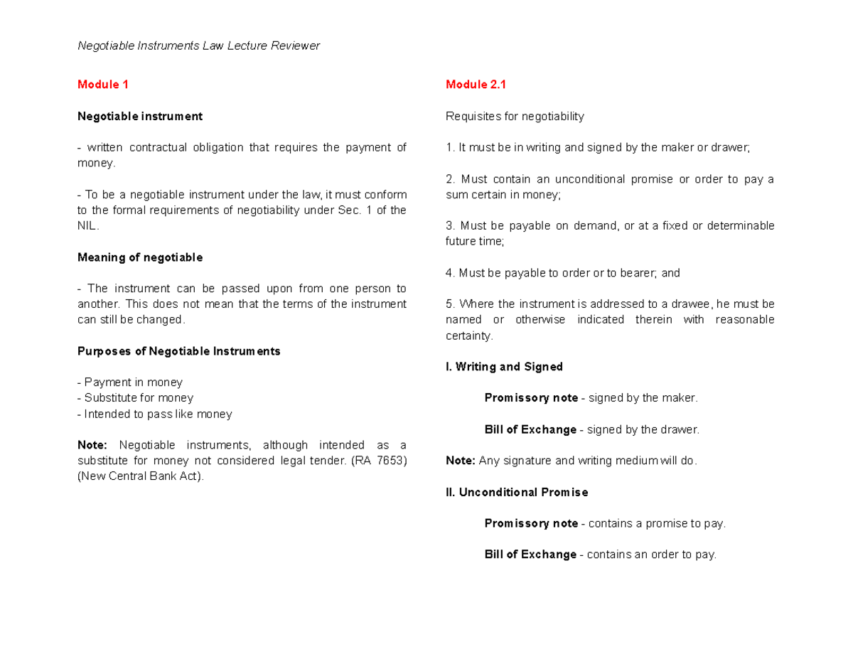 Module 1 & 2 - NIL Lecture - Law On Negotiable Instruments - UBian ...