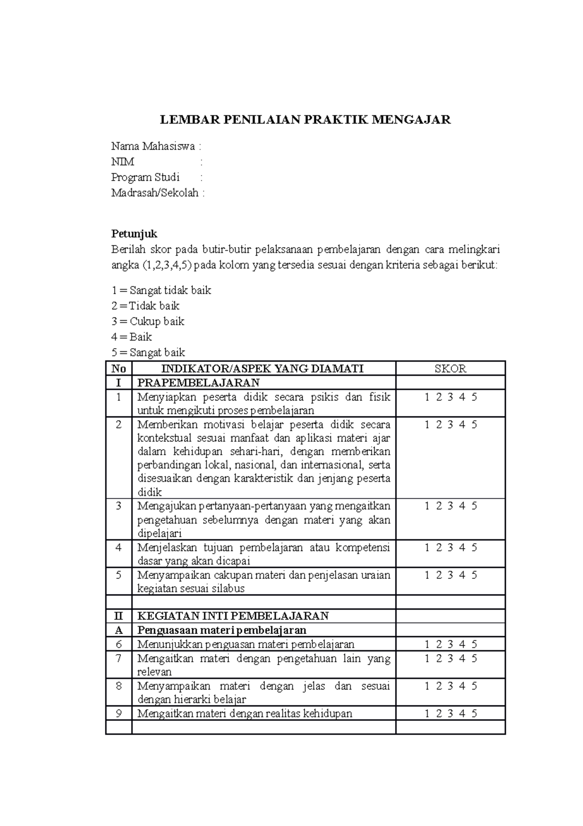 Lembar Penilaian Praktik Mengajar - LEMBAR PENILAIAN PRAKTIK MENGAJAR ...