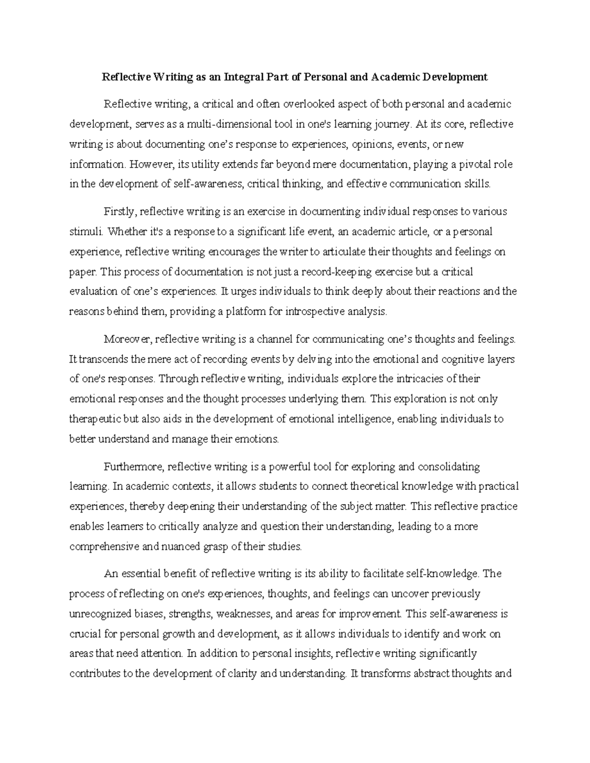 Reflective Writing as an Integral Part of Personal and Academic ...
