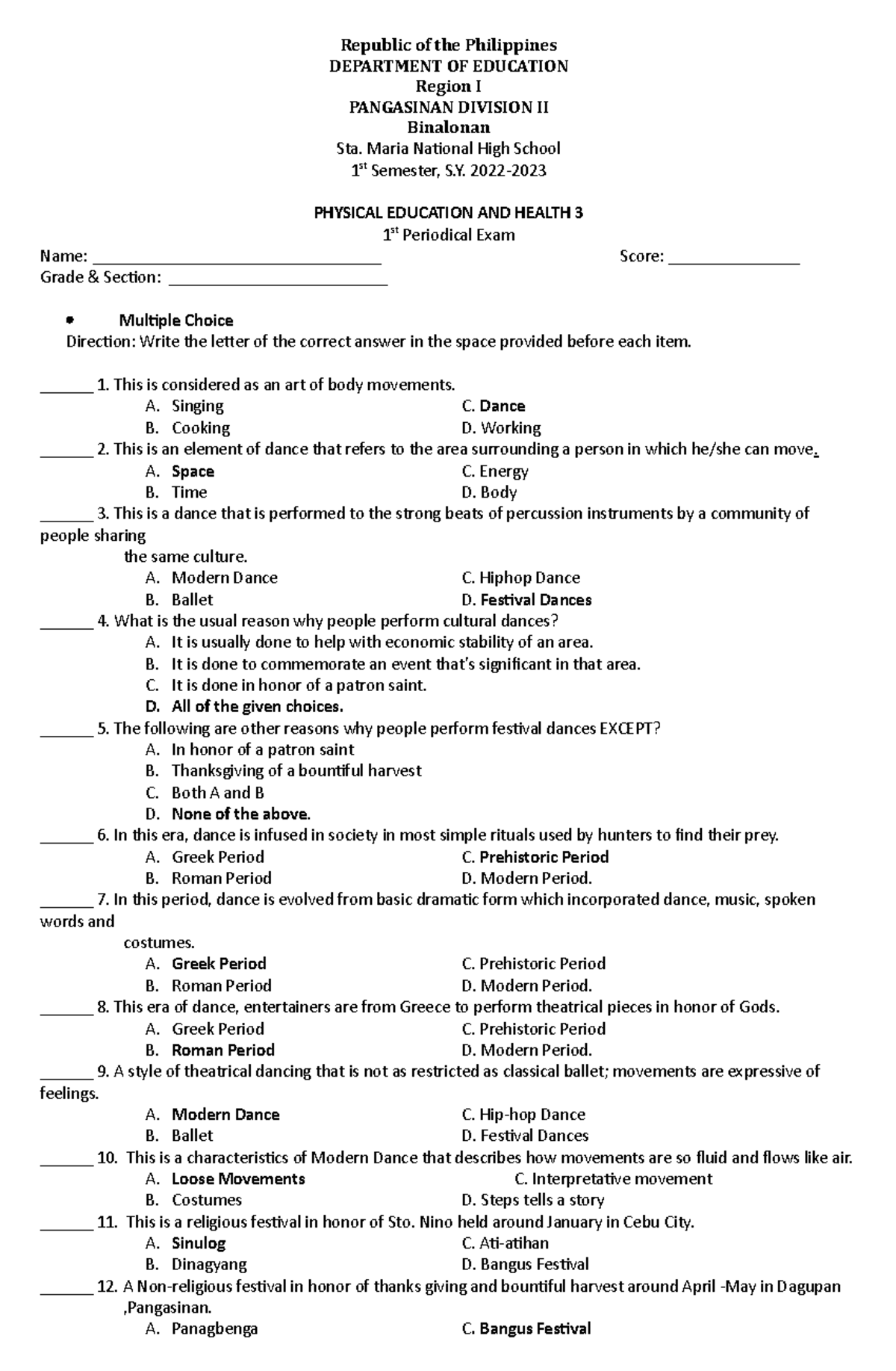 PE - EXAM - Republic of the Philippines DEPARTMENT OF EDUCATION Region ...