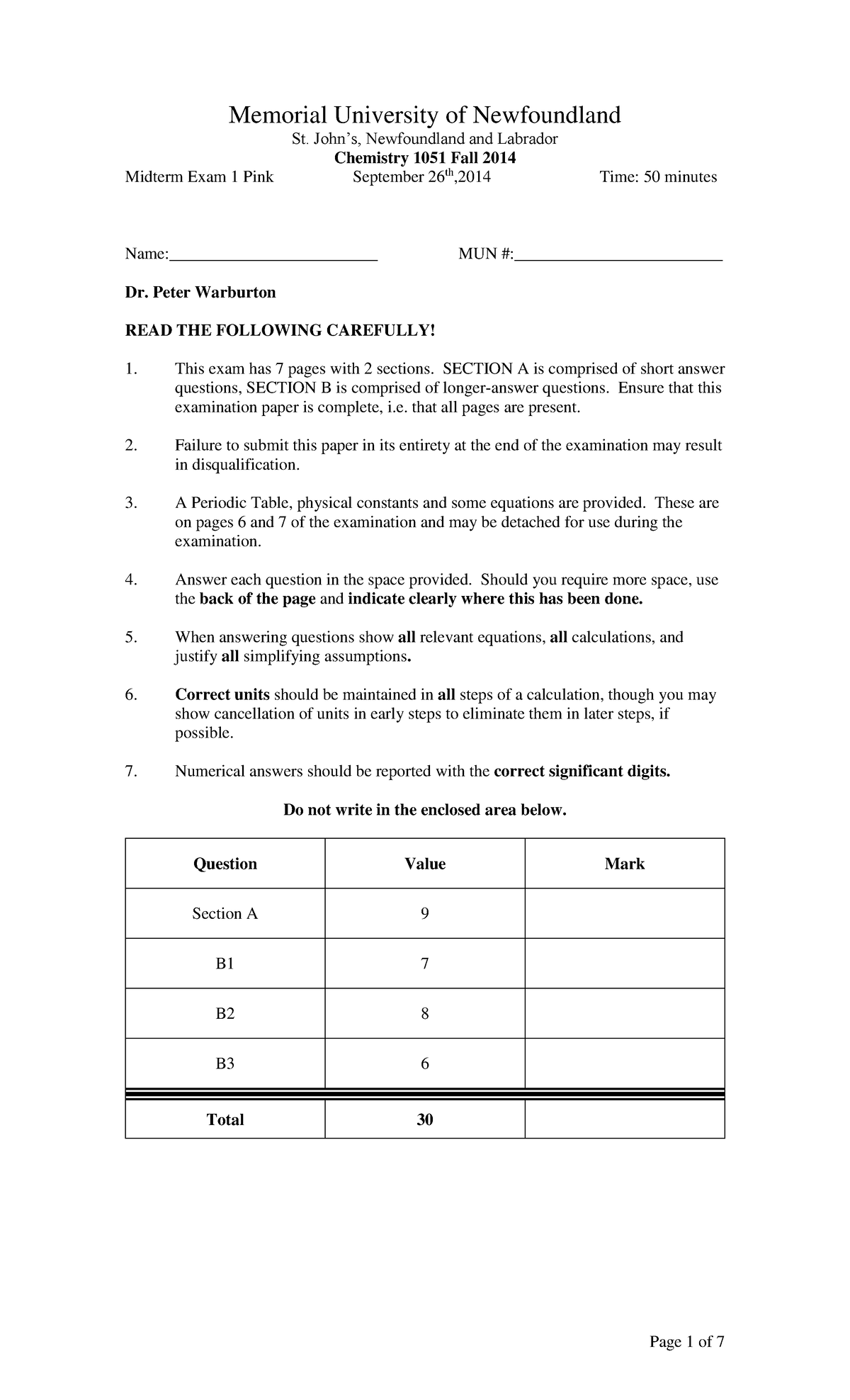 Test 1 10 January 2018, questions and answers - Memorial University of ...