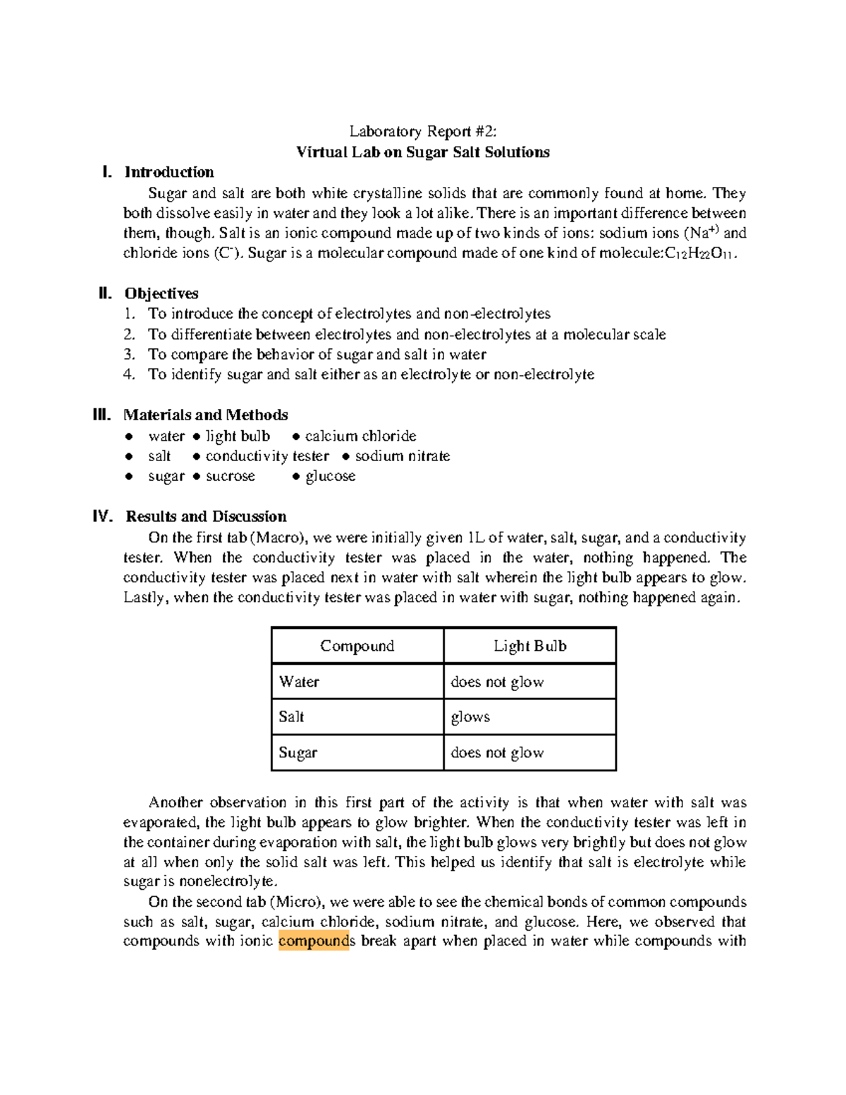 Laboratory Report 2 Virtual Lab on Sugar Salt Solutions