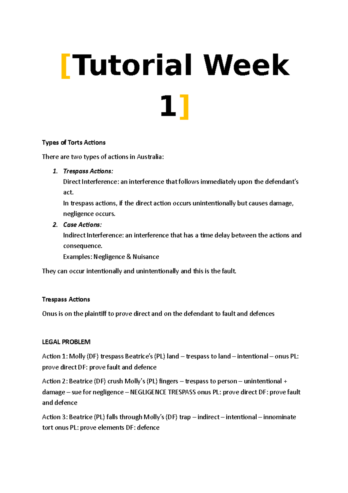 LLB102 Tutorial Notes Week 1 - [Tutorial Week 1 ] Types of Torts ...