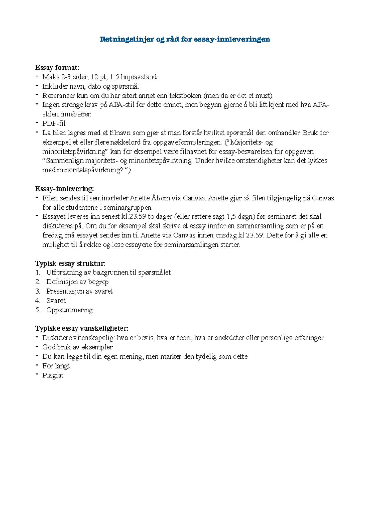 Retningslinjer og råd for essay-innleveringen - Retningslinjer og råd ...