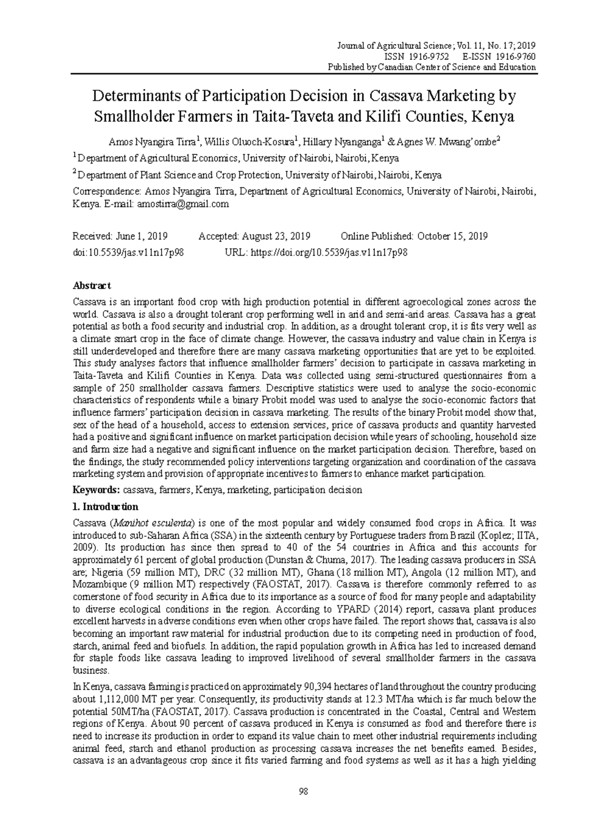 Determinants of Participation Decision in Cassava Marketing by ...