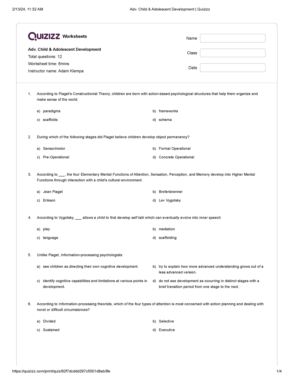 Adv. Child & Adolescent Development Quizizz - Worksheets Adv. Child ...