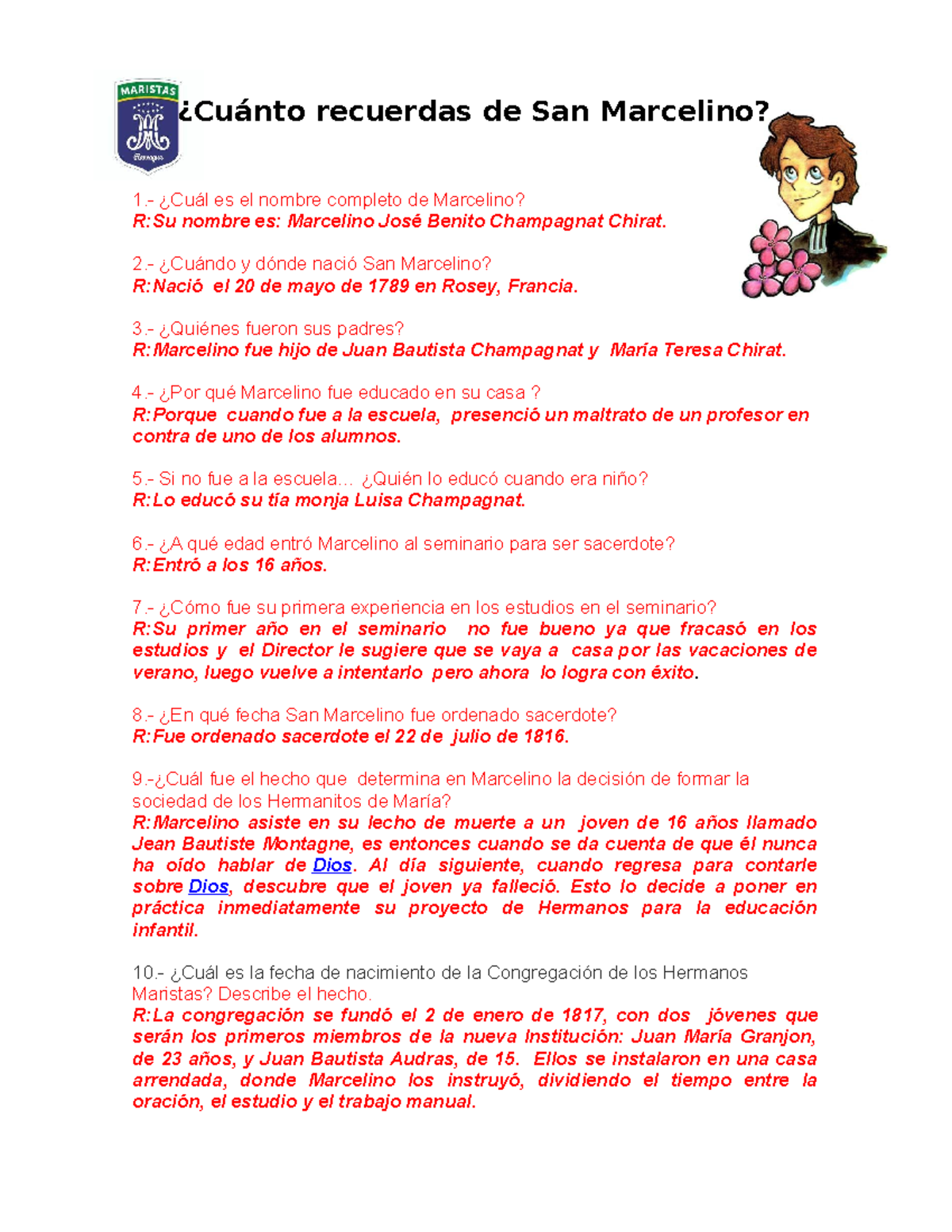 Cuestionario de San Marcelino 5 y 6 ¿Cuánto recuerdas de San