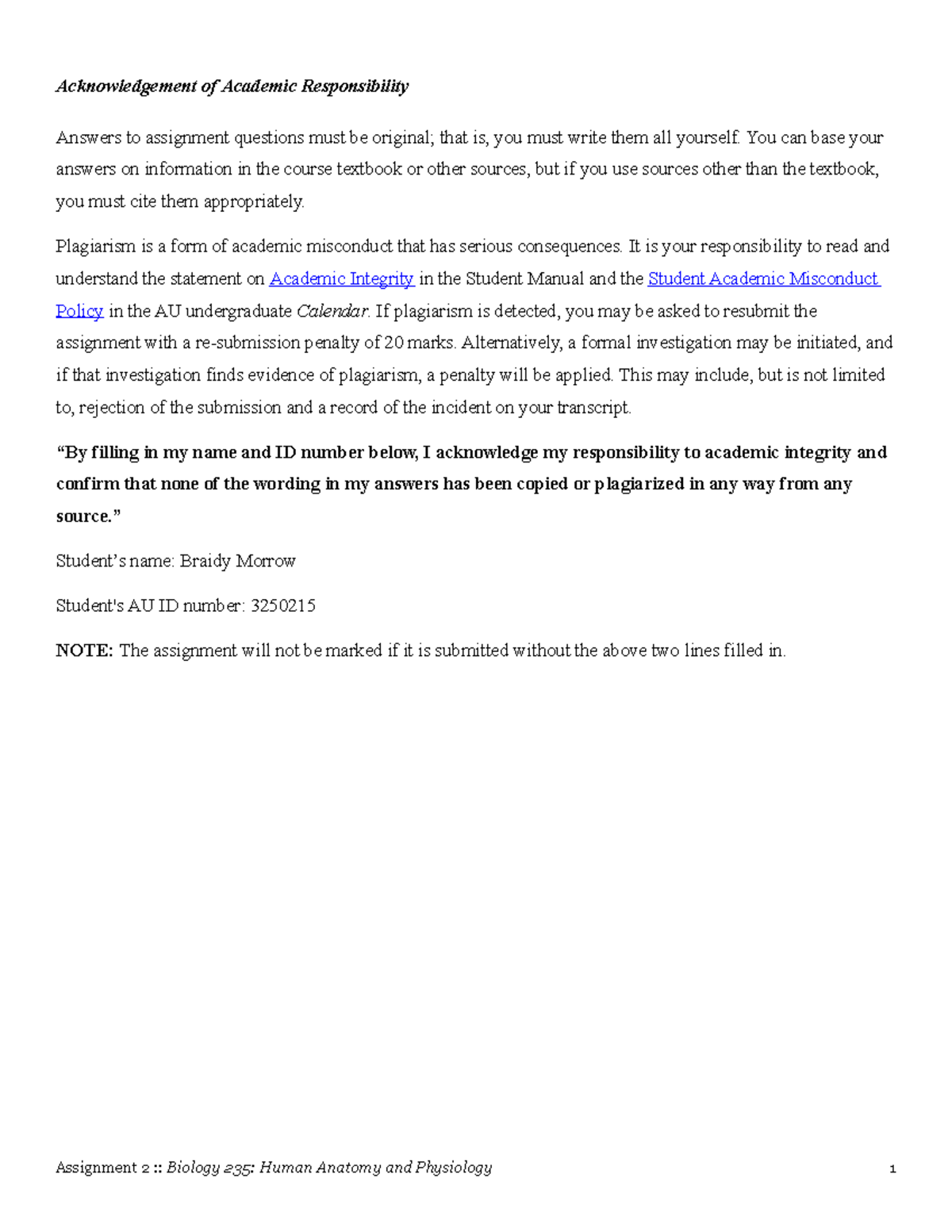BIO 235 assignment #2 - Acknowledgement of Academic Responsibility ...
