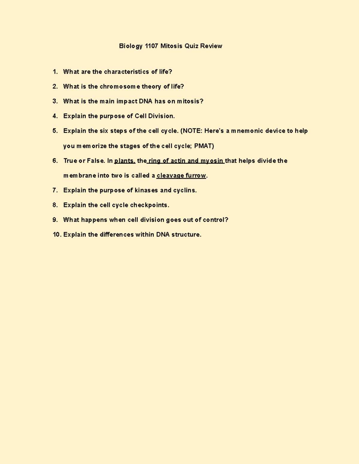 Biology 1107 Mitosis Quiz Review Biology 1107 Mitosis Quiz Review