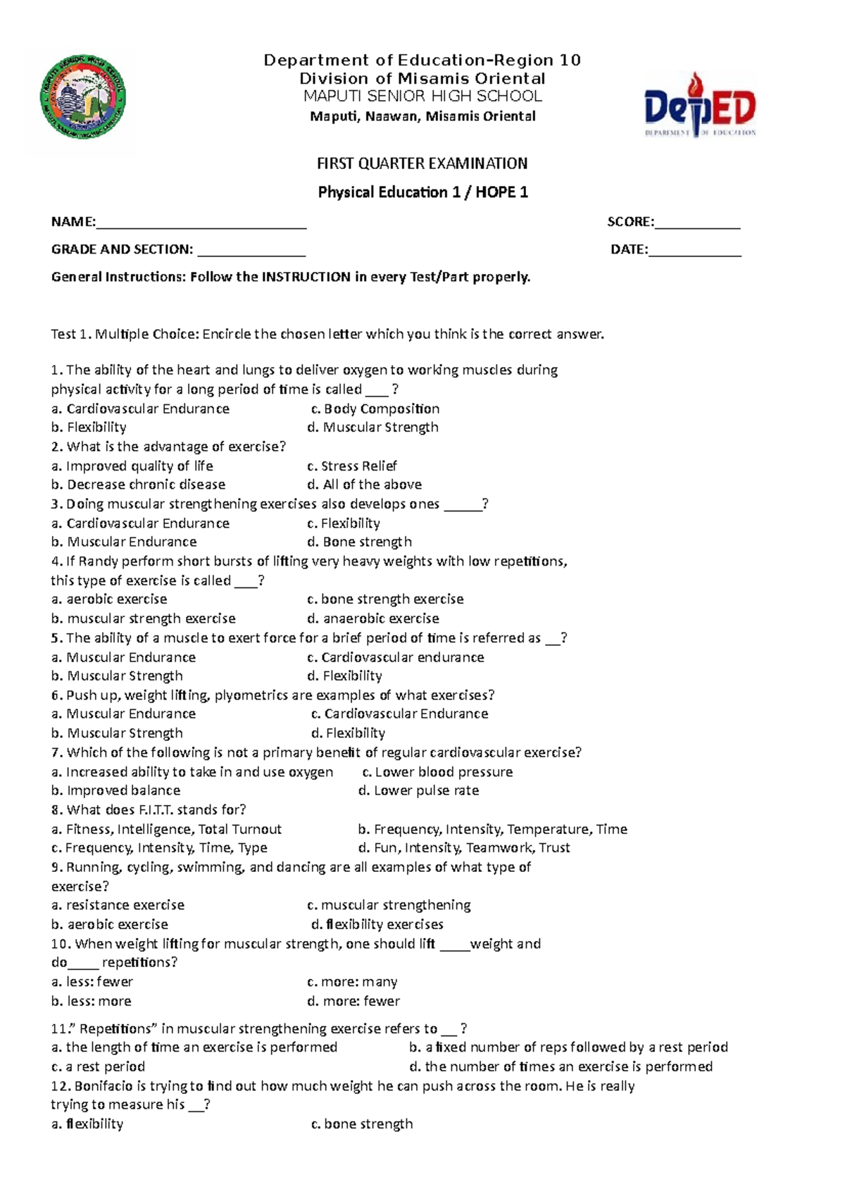 Periodical Exam (first Quarter) Pe 1 Department Of Education Region K