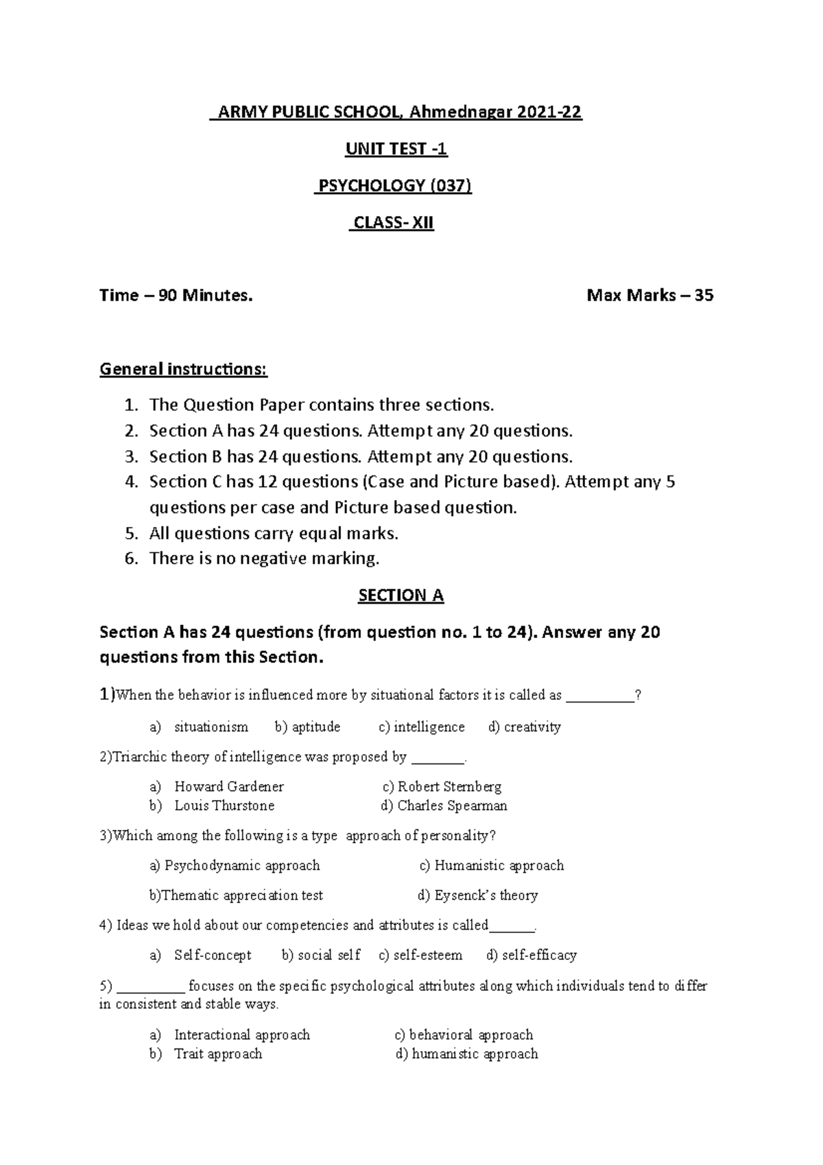 psychology question paper ARMY PUBLIC SCHOOL, Ahmednagar 2021 UNIT