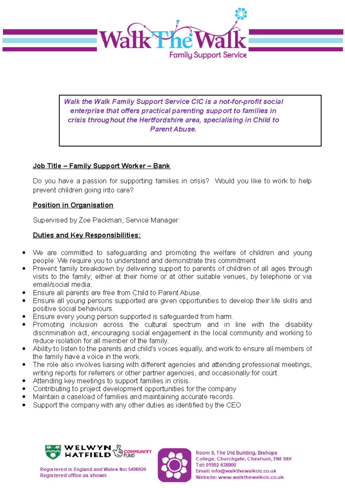 Family Support Worker (Bank) Job Description 2023 Walk the Walk CIC