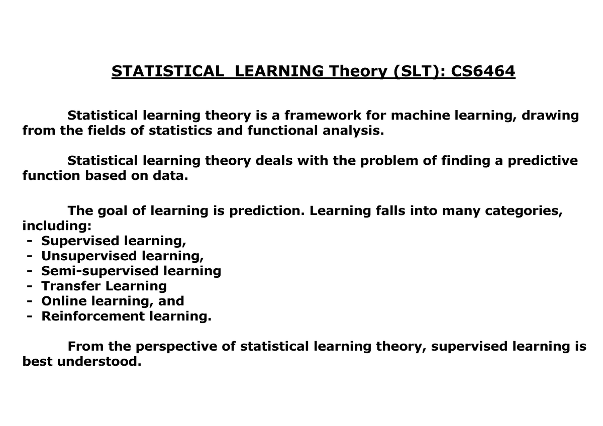 Intro CSLT - STATISTICAL LEARNING Theory (SLT): CS Statistical Learning ...