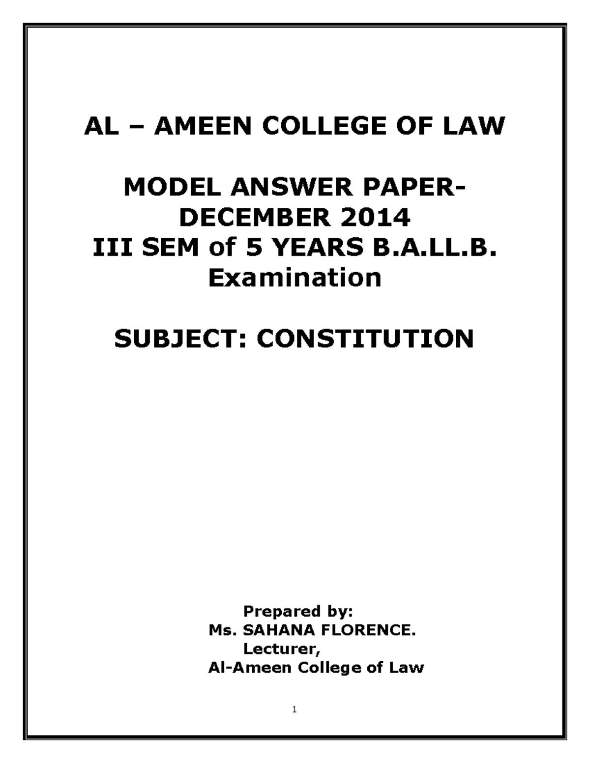 2014 Const AL AMEEN COLLEGE OF LAW MODEL ANSWER PAPER DECEMBER