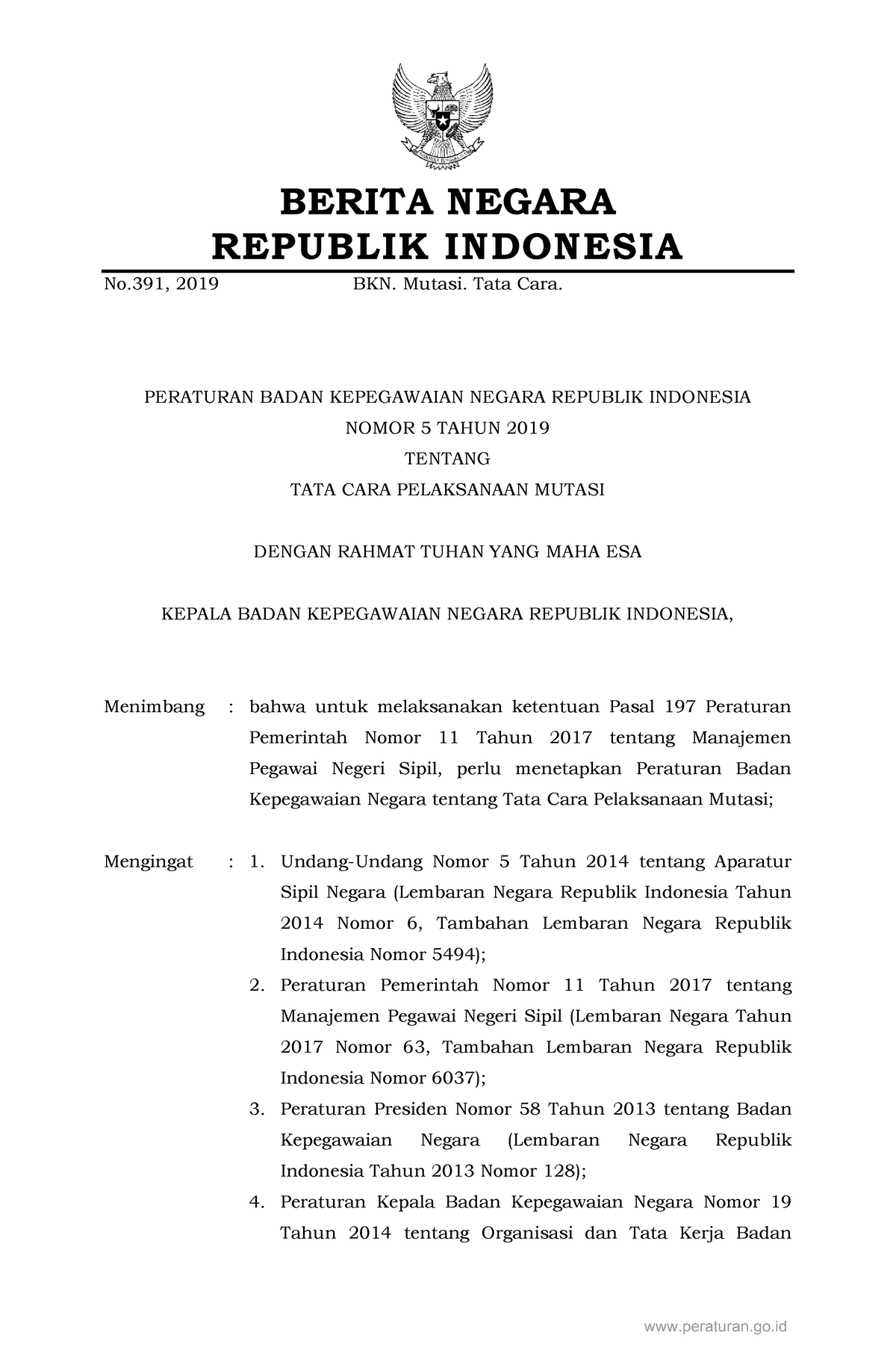 Peraturan Bkn Nomor 5 Tahun 2019 Berita Negara Republik Indonesia No 2019 Bkn Mutasi Tata 