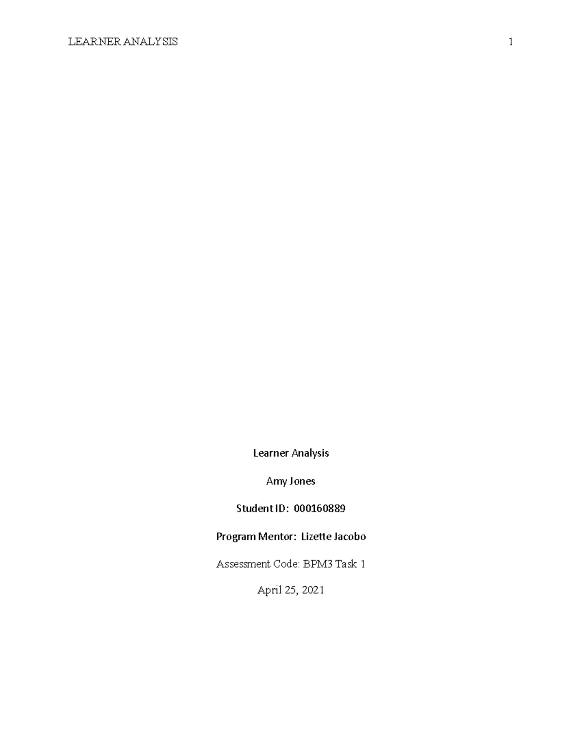 JOT2 Instructional Design - BPM3 Task 1 Learner Analysis - LEARNER ...
