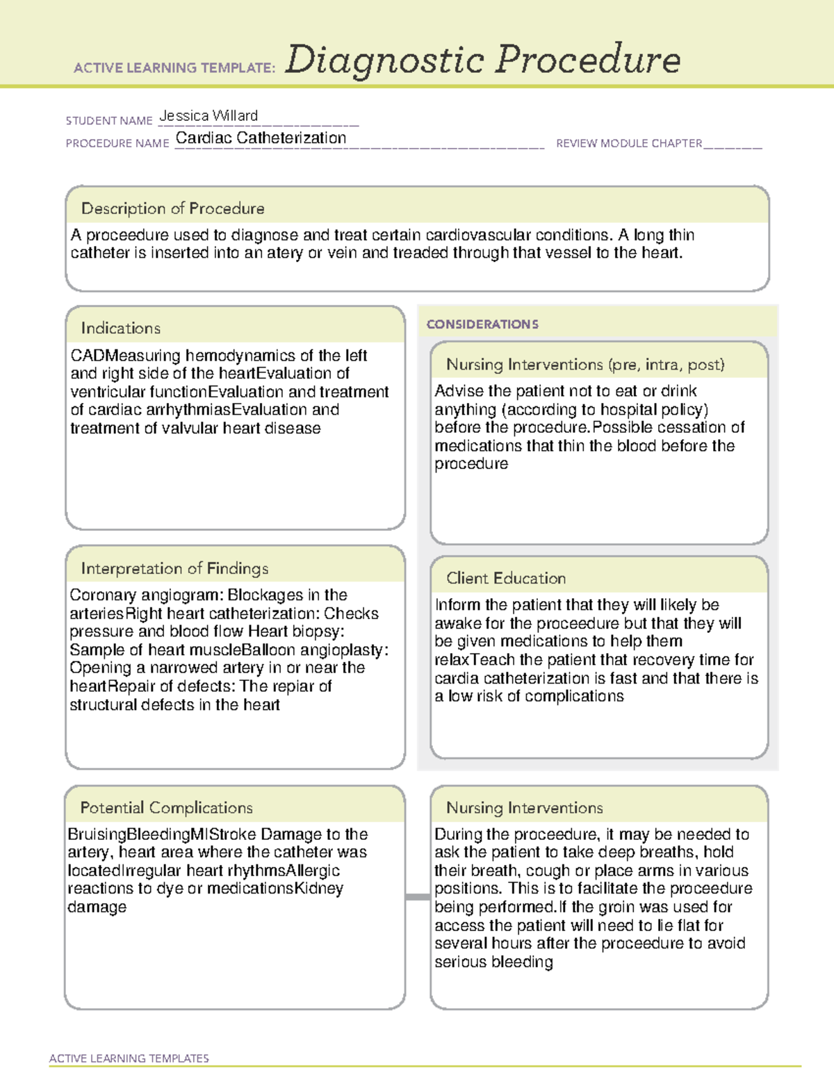 Ati Diagnostic Procedure Template Cardiac Catheterization