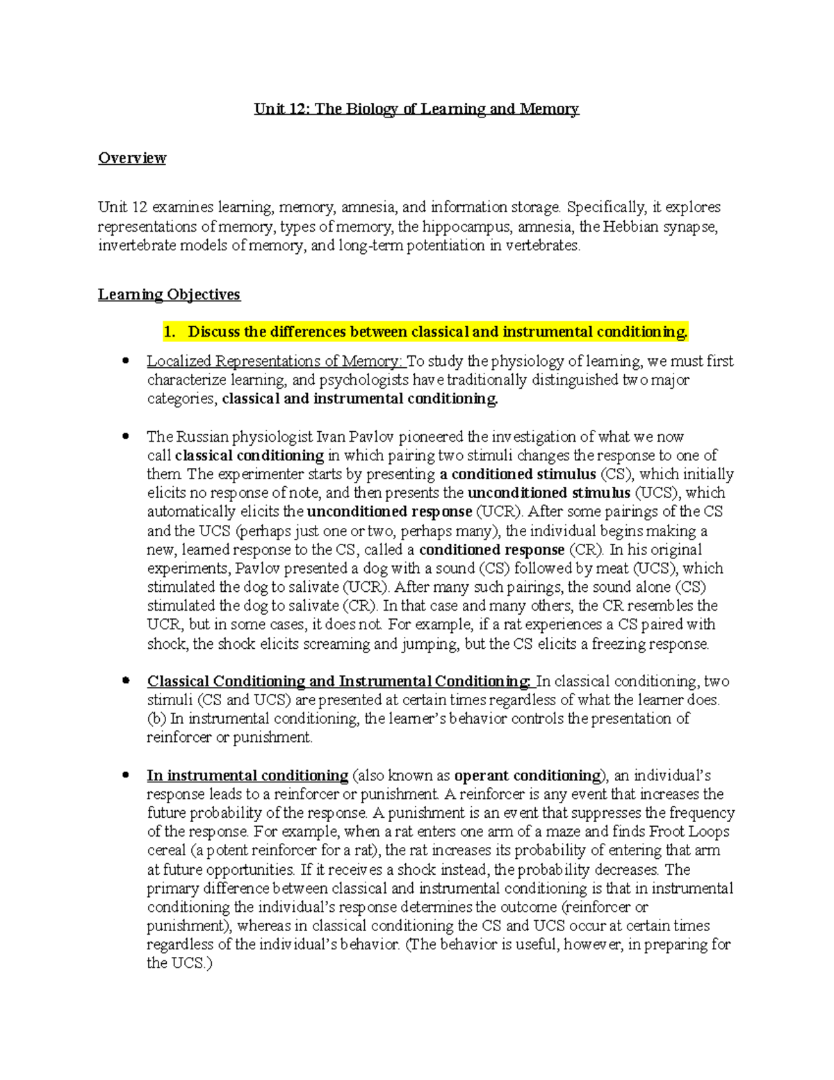 Module 12.1 Biology of Learning and Memory - Unit 12: The Biology of ...