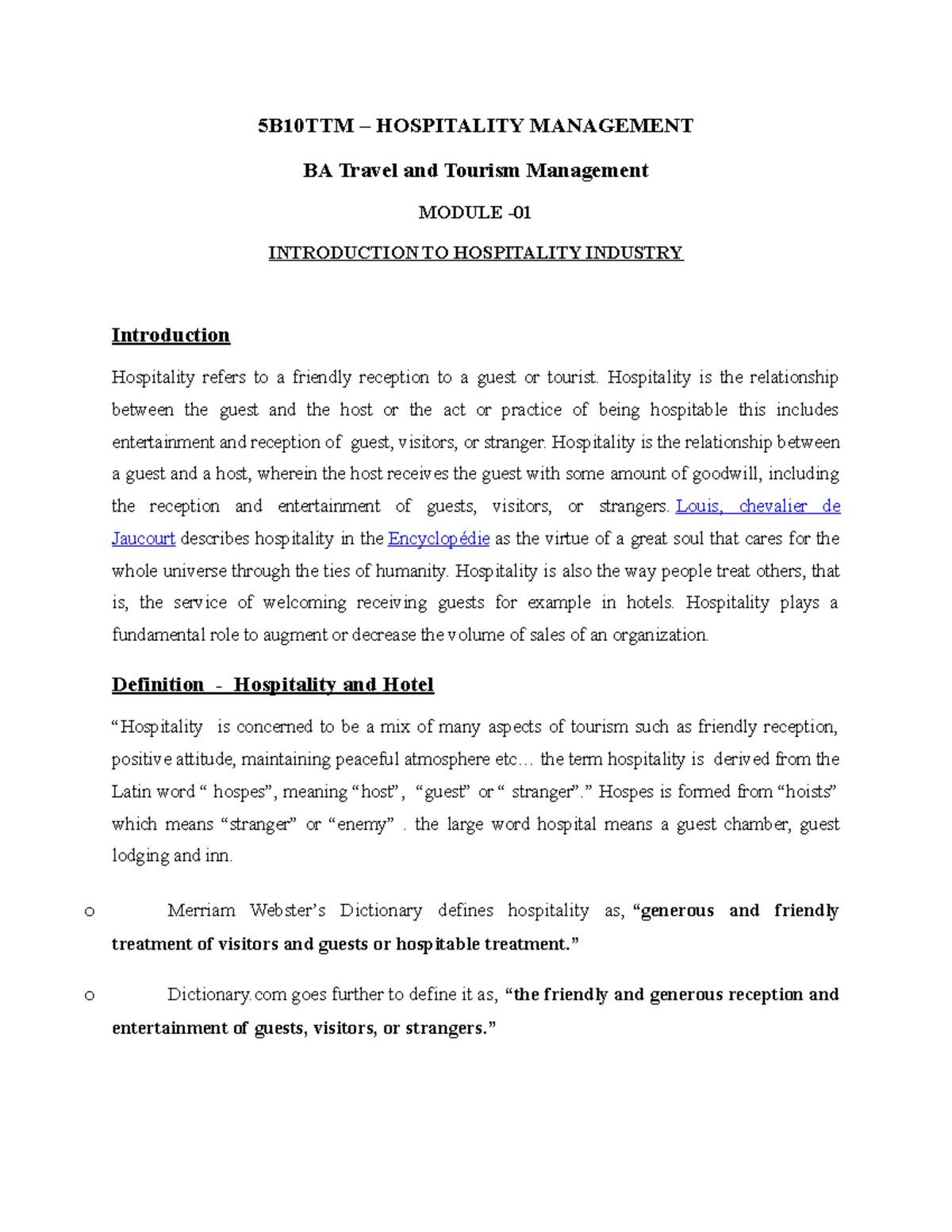 5B10TTM Module 01 - LECTURE NOTE - Hospitality Management - Studocu