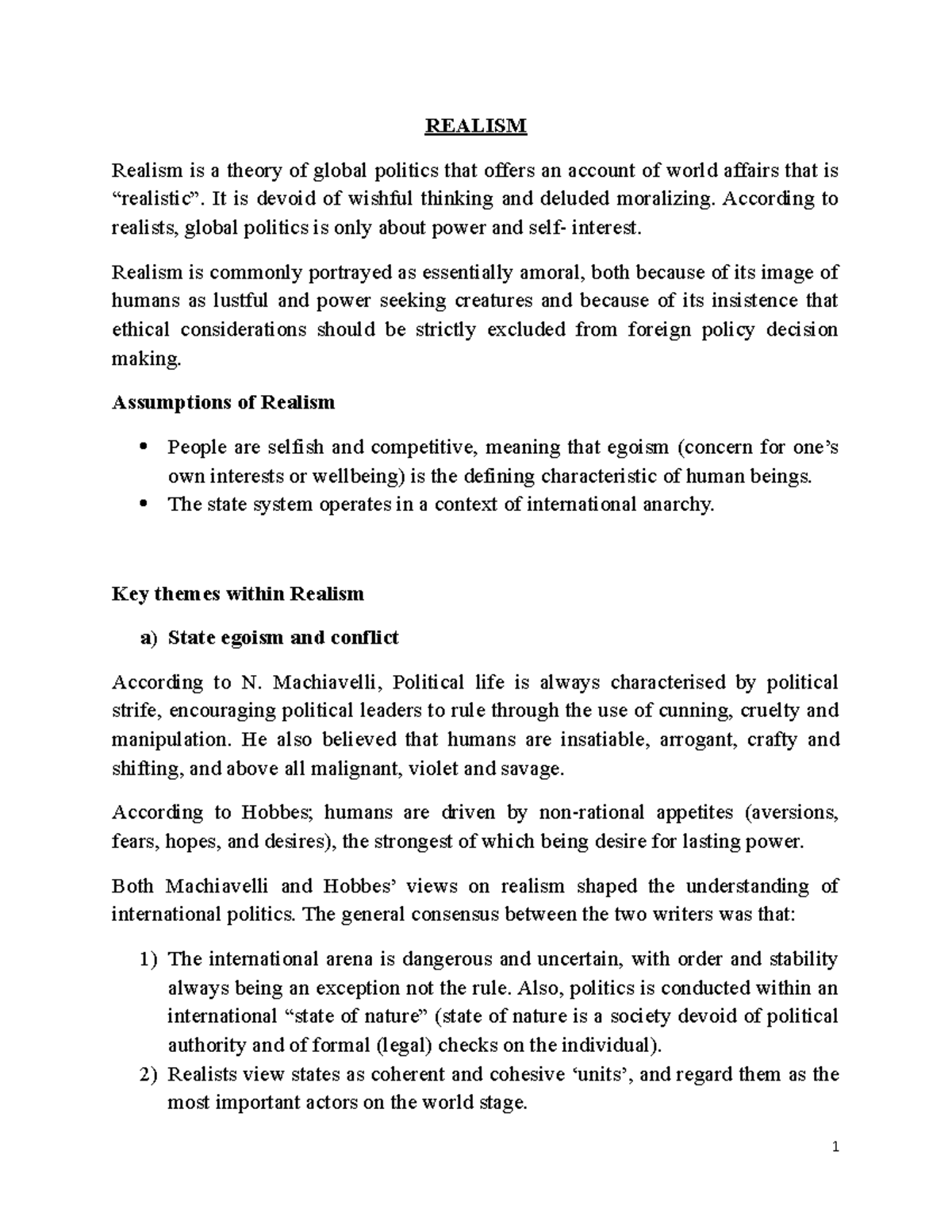 DS 2301- Realism Notes - REALISM Realism is a theory of global politics ...