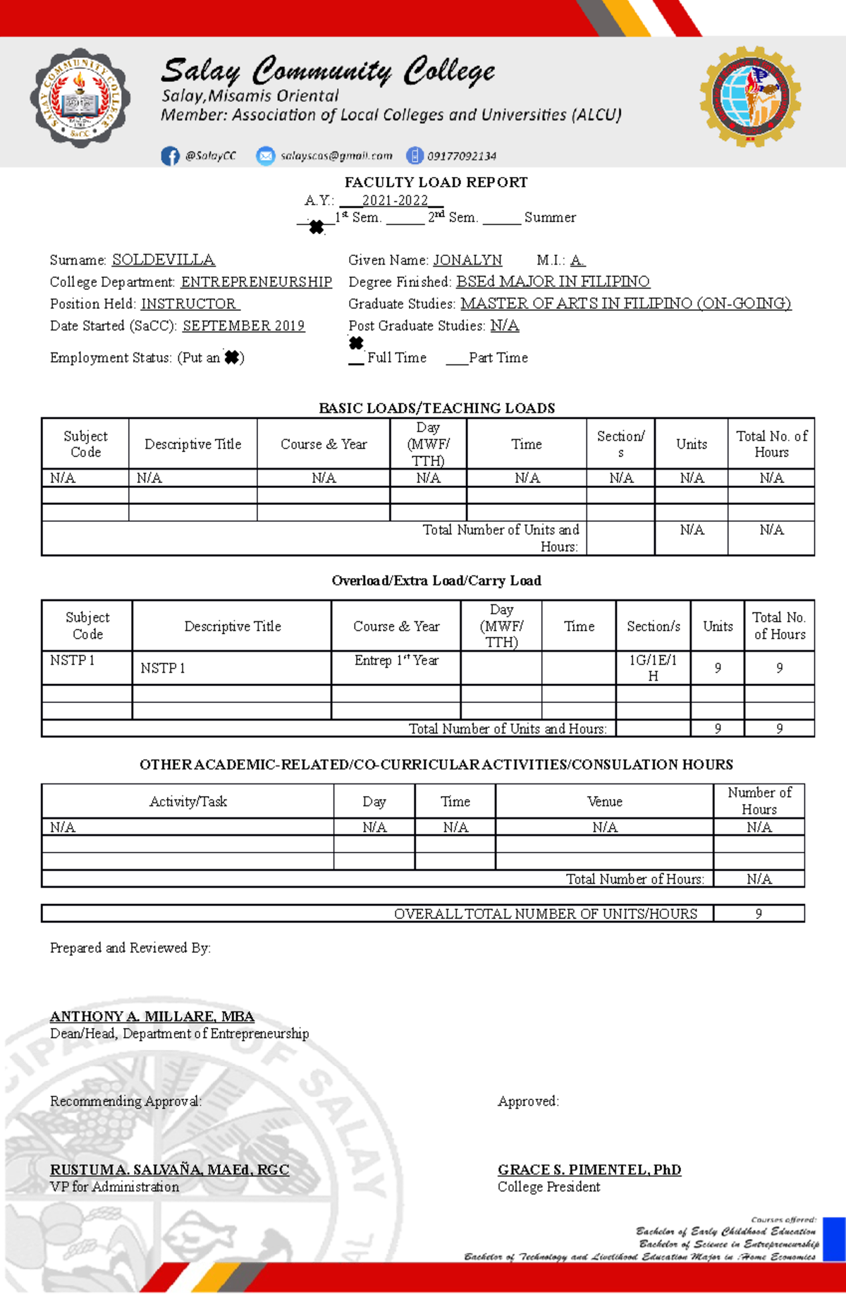 17. Soldevilla, Jonalyn A - FACULTY LOAD REPORT A.: _2021-2022 _____1st ...