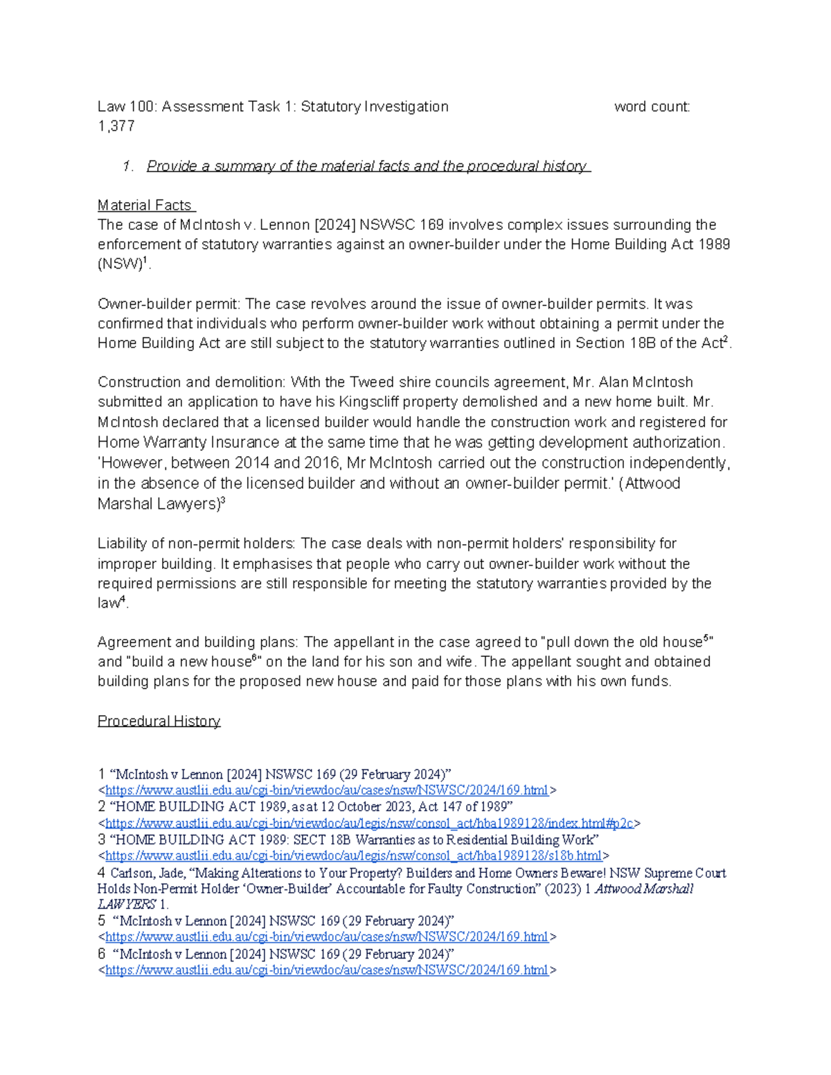Law 100 Assessment Task 1 Statutory Investigation (2) - Law 100 ...