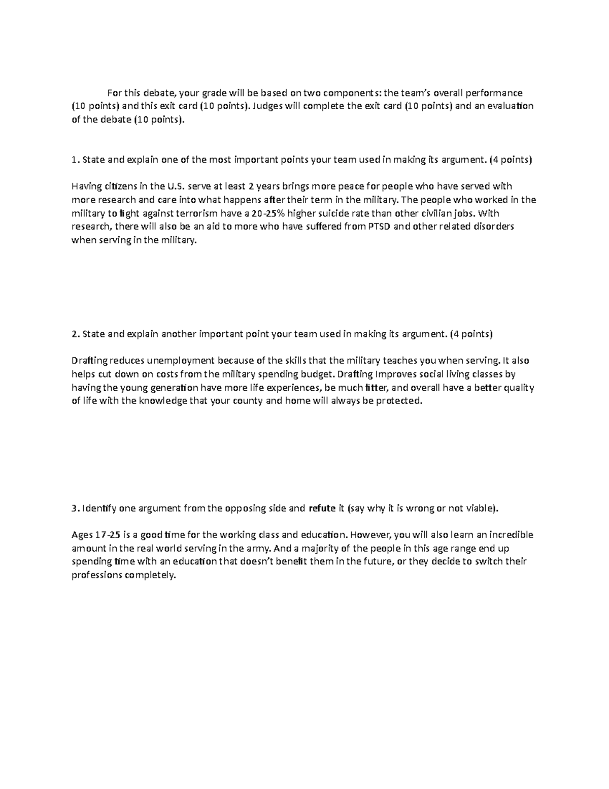 Copy of Copy of Draft Debate - For this debate, your grade will be ...