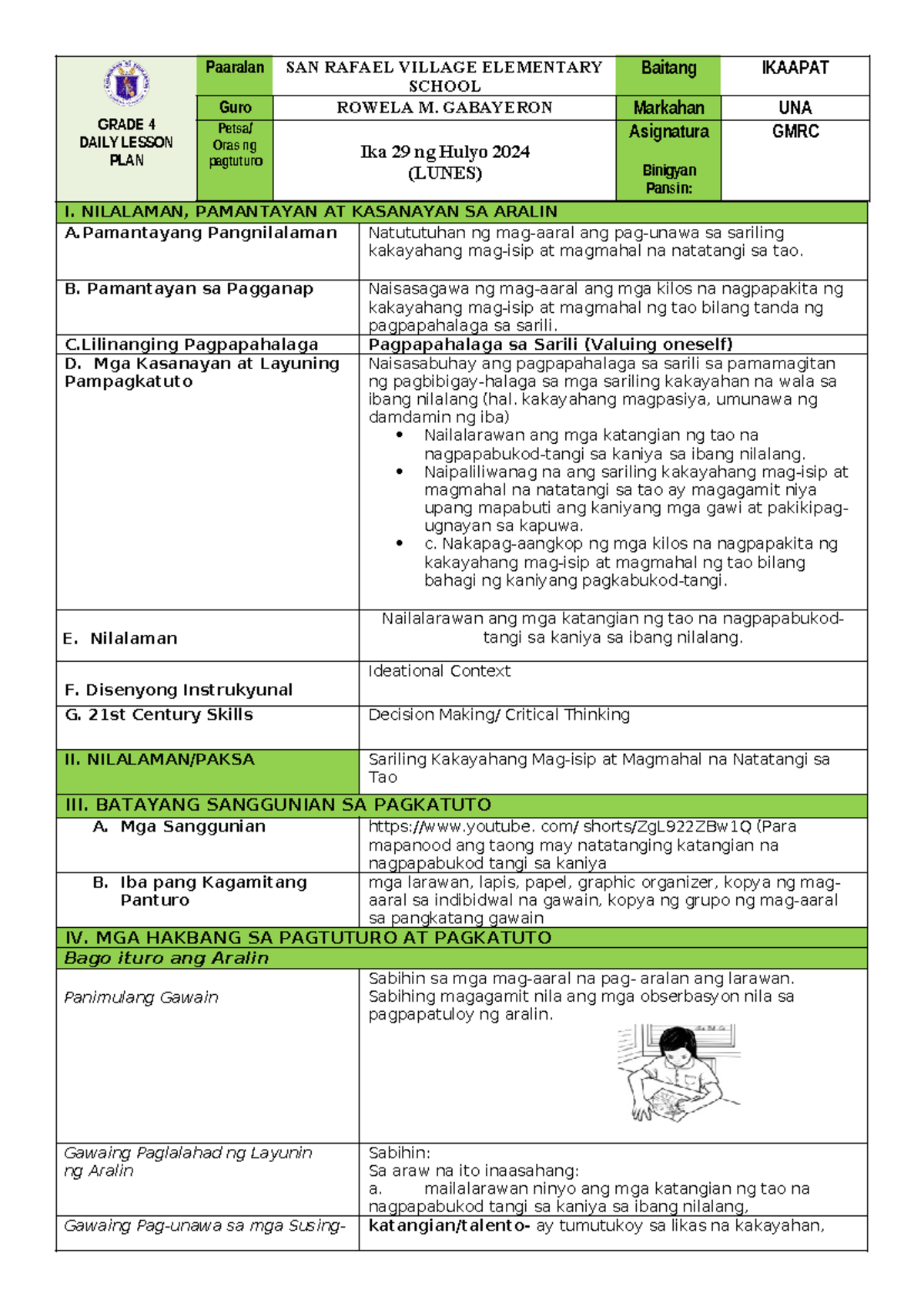 DLP-GMRC-DAY1 (ST) - LESSON PLAN FRO GRADE IV - GRADE 4 DAILY LESSON ...
