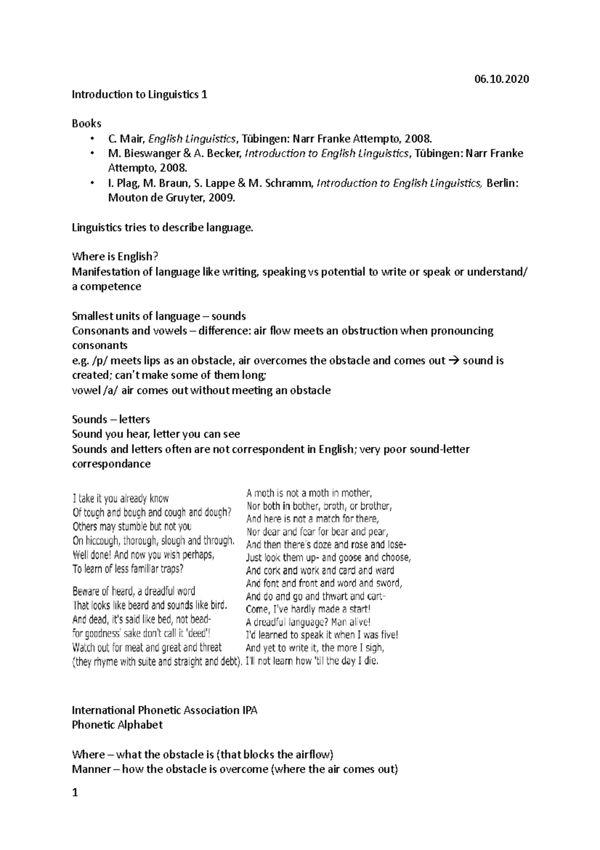 Introduction To Linguistics 1 Summary Ws20 21 Sigott 06 Introduction To Linguistics 1 Summary Ws20 21 Sigott 06