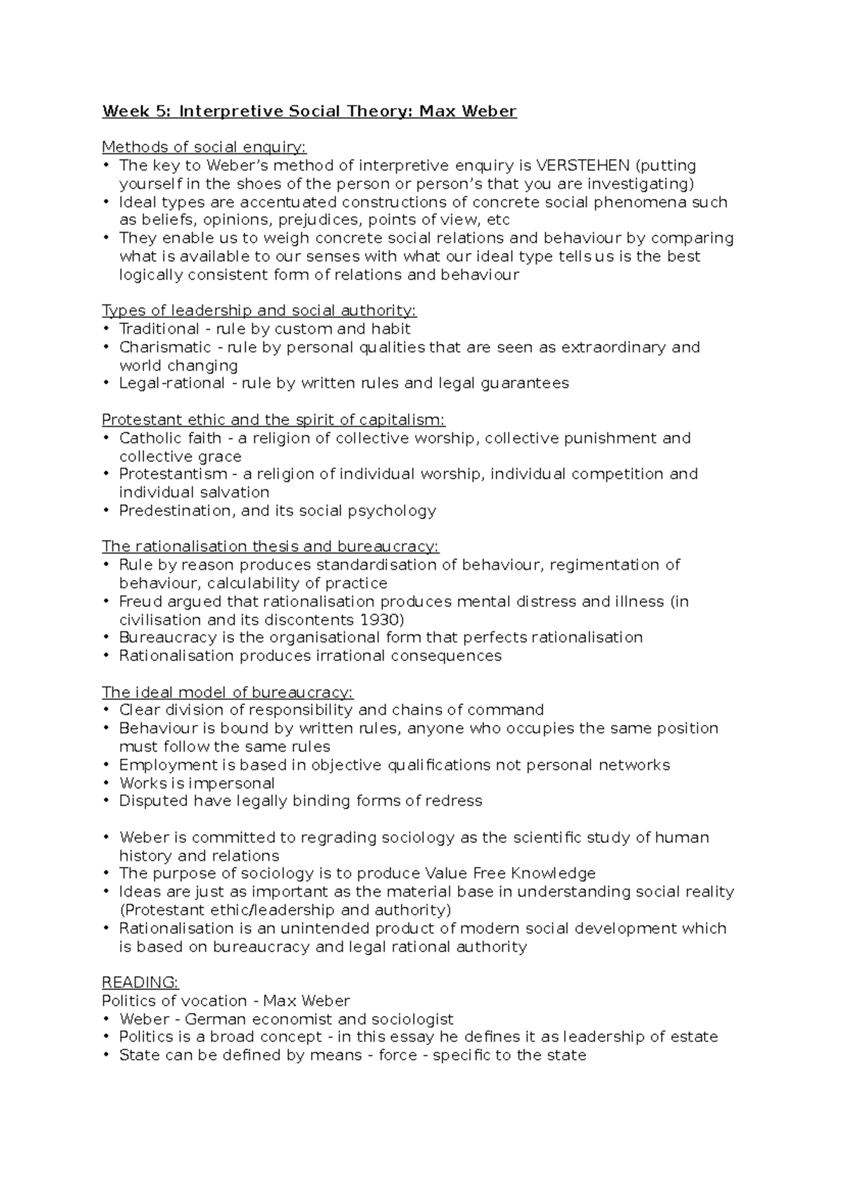 Week 5 - Lecture notes 5 - Week 5: Interpretive Social Theory: Max ...