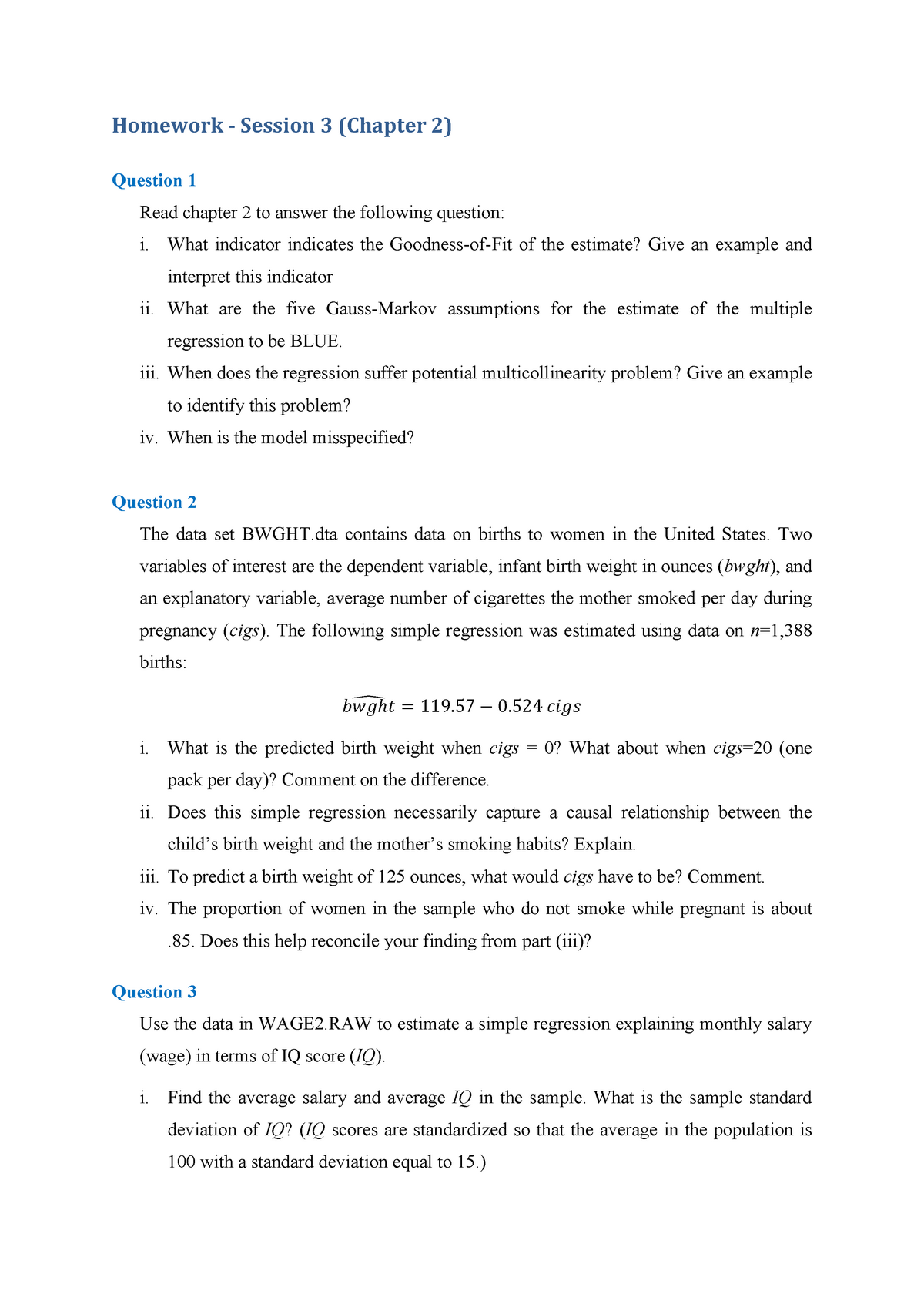 Applied Econometrics Homework - Homework - Session 3 (Chapter 2 ...