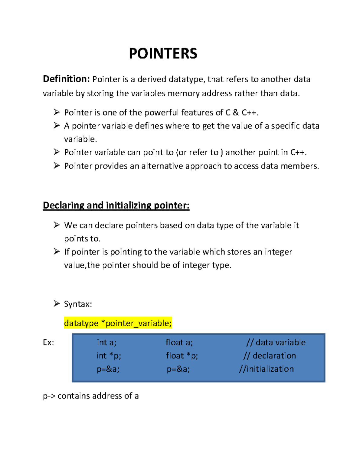 Cpp Mod 1 Pointers POINTERS Definition Pointer Is A Derived Datatype 