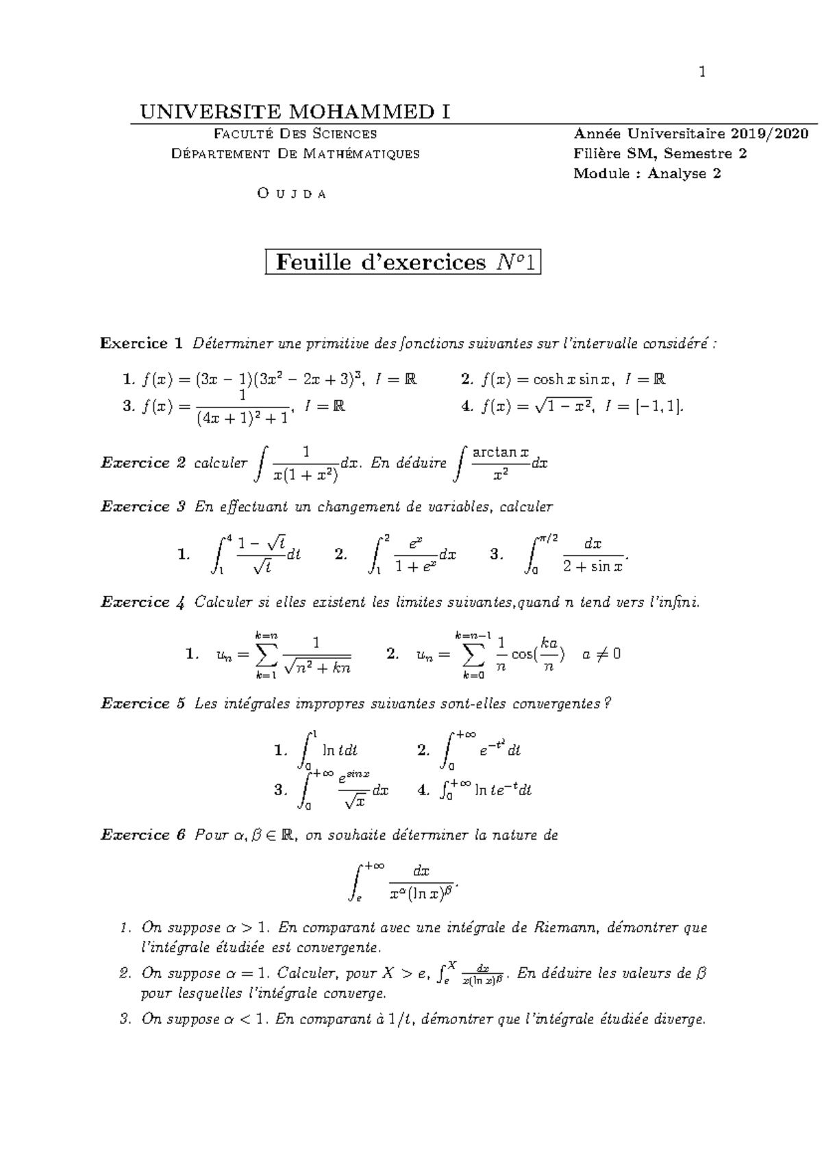 TD1 - TD1. - 1 UNIVERSITE MOHAMMED I Facult ́e Des Sciences Ann ́ee ...