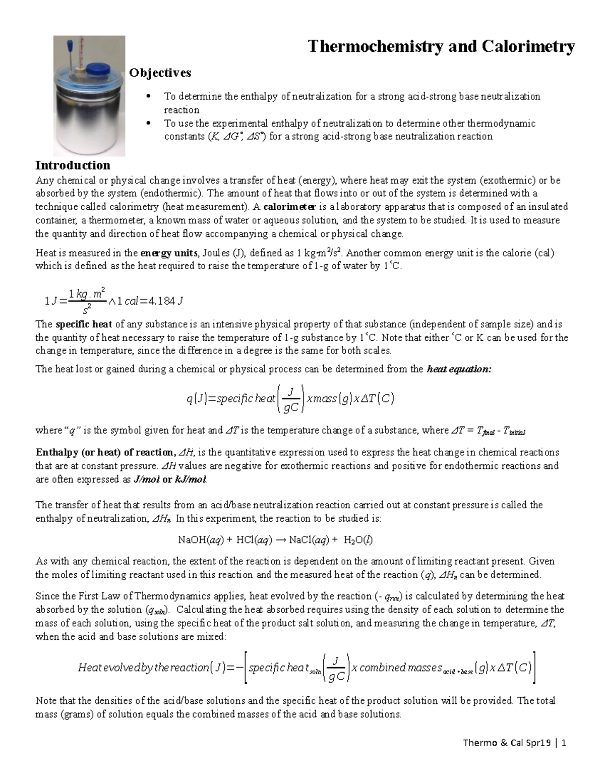Thermochemistry and Calorimetry Lab Answer CHM 111 NOVA Studocu