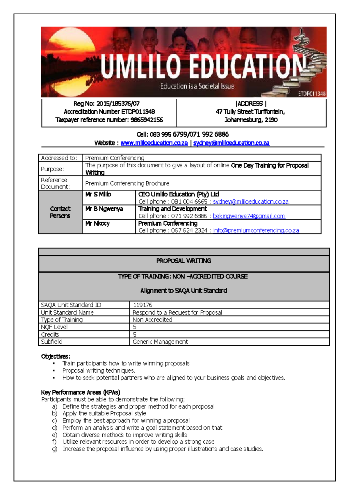 Proposal Writing Training Outline Document 1 - Cell: 083 995 6799/071 ...
