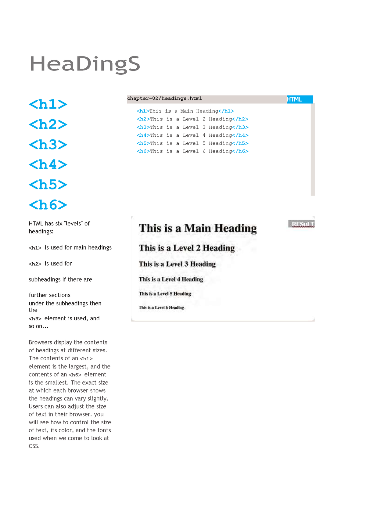 TEXT - Lecture Notes 1 - HeaDingS HTML Has Six "levels" Of Headings: Is ...