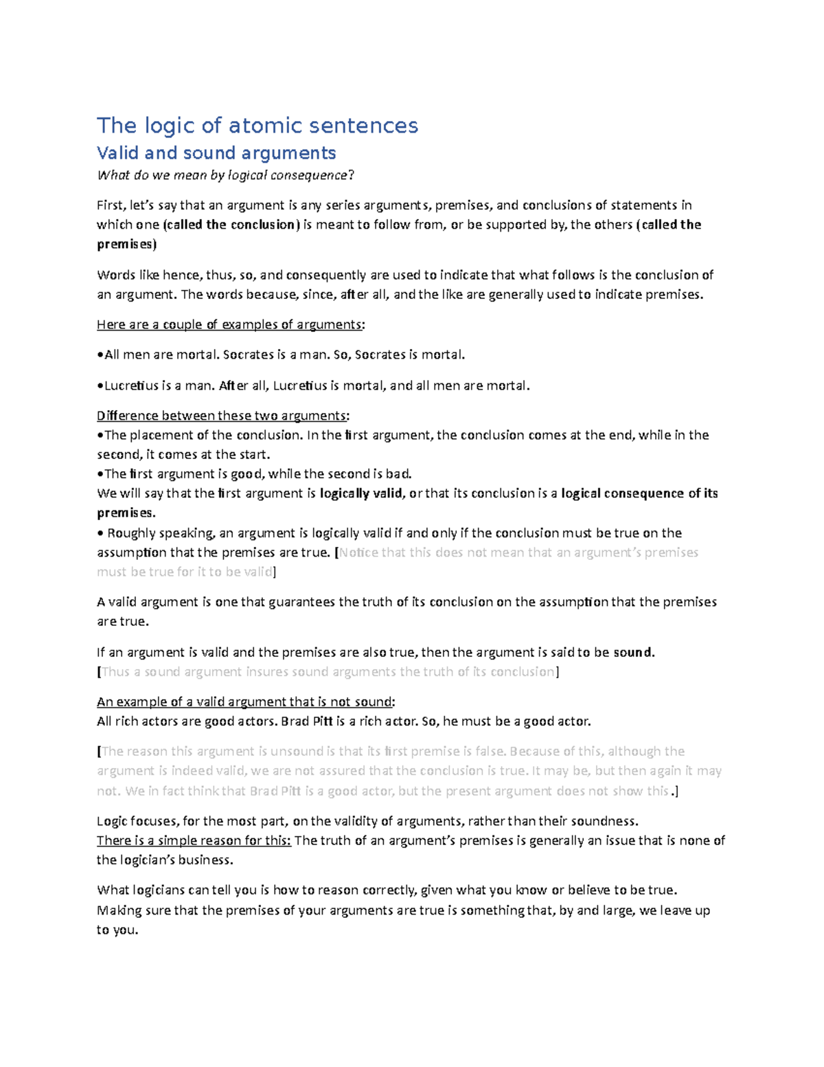 Content - Chapter Summary - The logic of atomic sentences Valid and ...